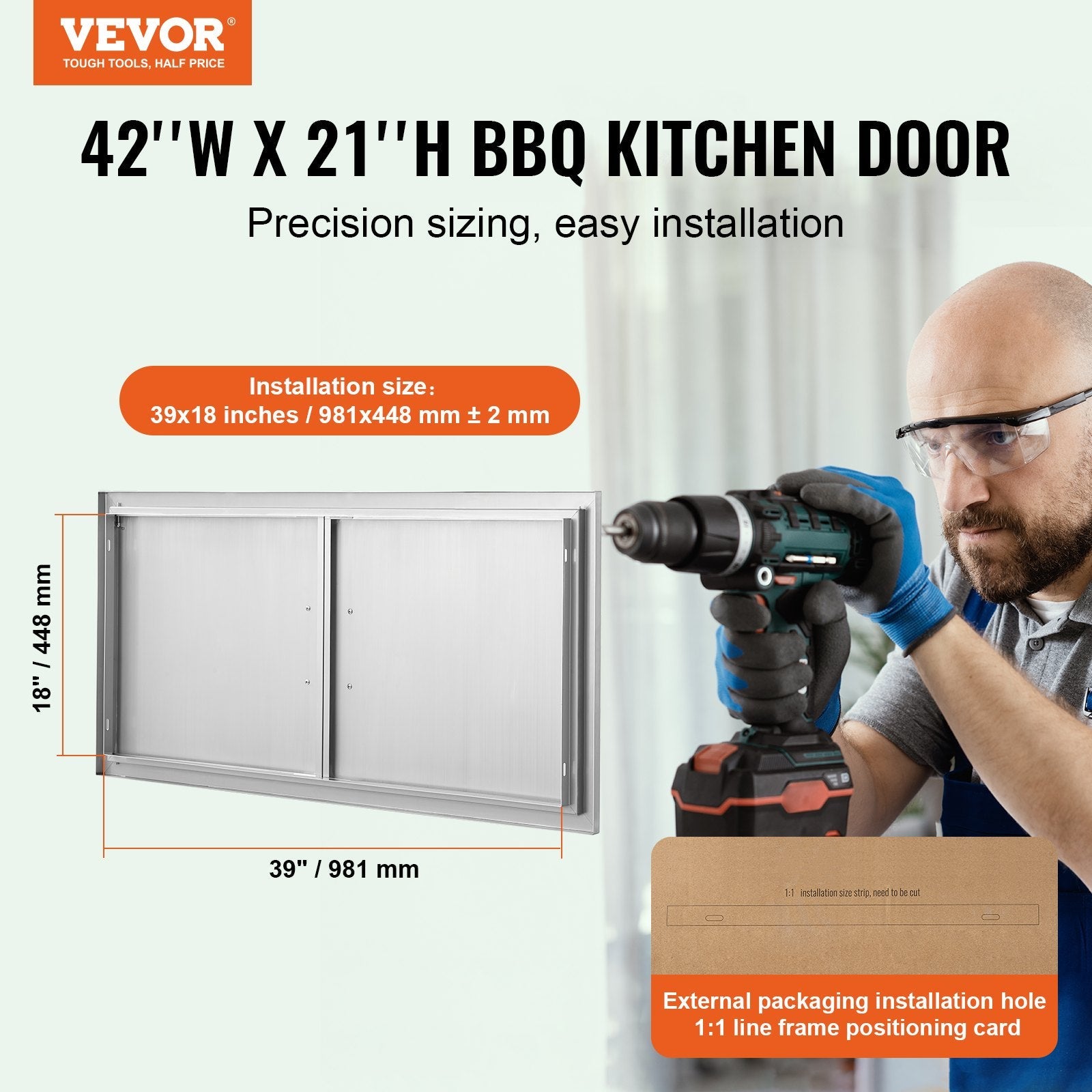VEVOR BBQ Access Door, 42W x 21H Inch Double Outdoor Kitchen Door, Stainless Steel Flush Mount Door, Wall Vertical Door with Handles, for BBQ Island, Grilling Station, Outside Cabinet 