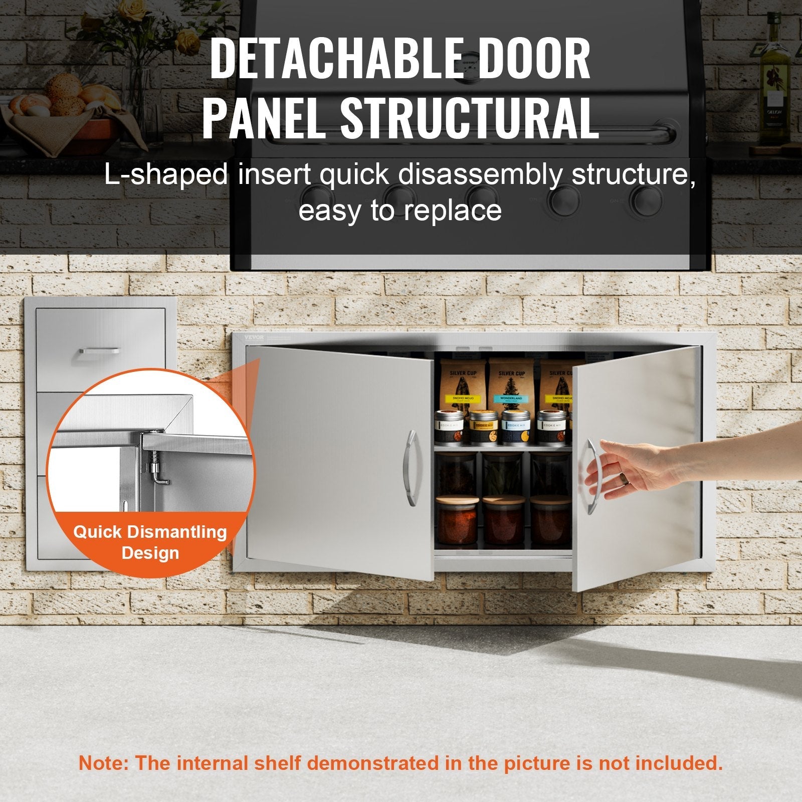 VEVOR BBQ Access Door, 42W x 21H Inch Double Outdoor Kitchen Door, Stainless Steel Flush Mount Door, Wall Vertical Door with Handles, for BBQ Island, Grilling Station, Outside Cabinet 