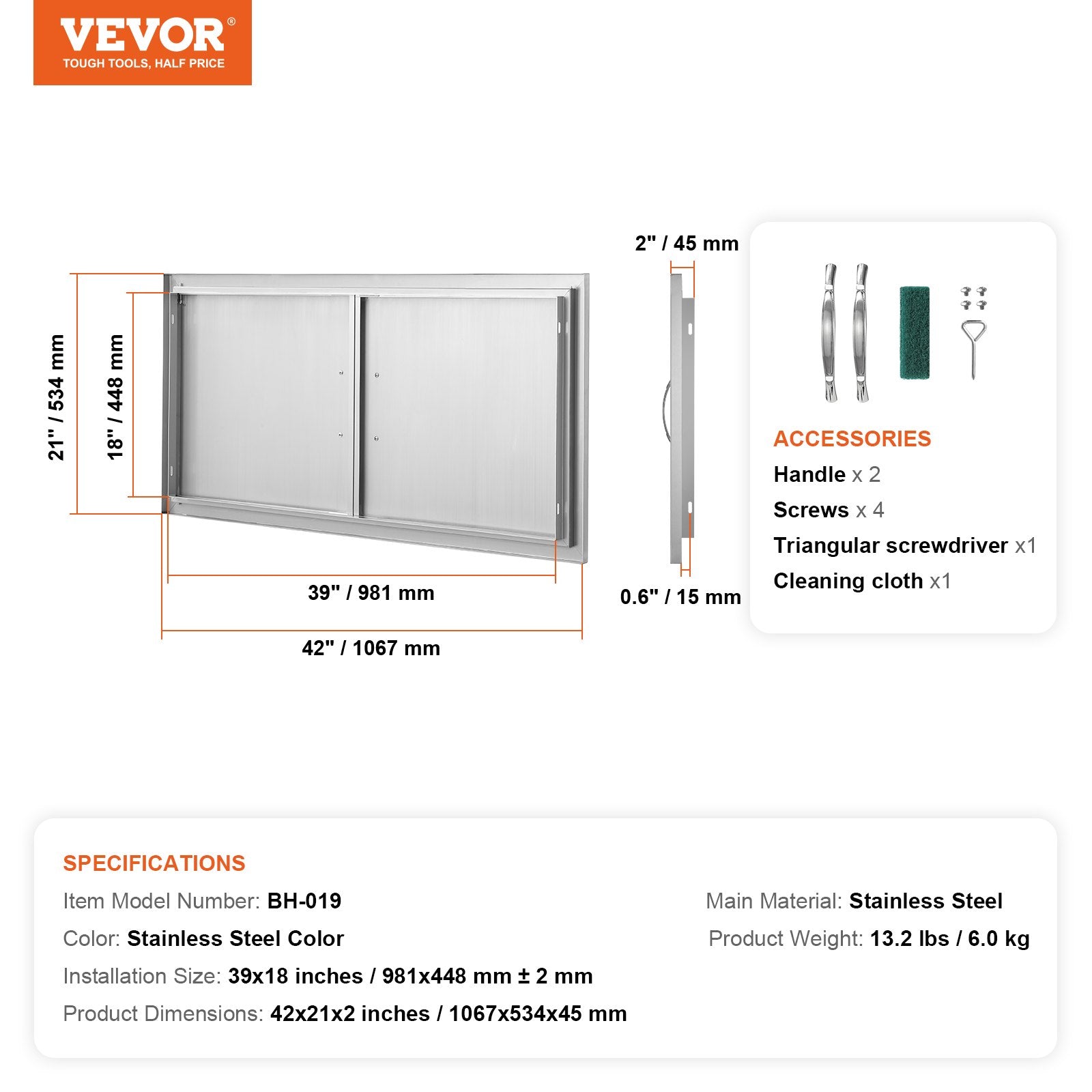 VEVOR BBQ Access Door, 42W x 21H Inch Double Outdoor Kitchen Door, Stainless Steel Flush Mount Door, Wall Vertical Door with Handles, for BBQ Island, Grilling Station, Outside Cabinet 