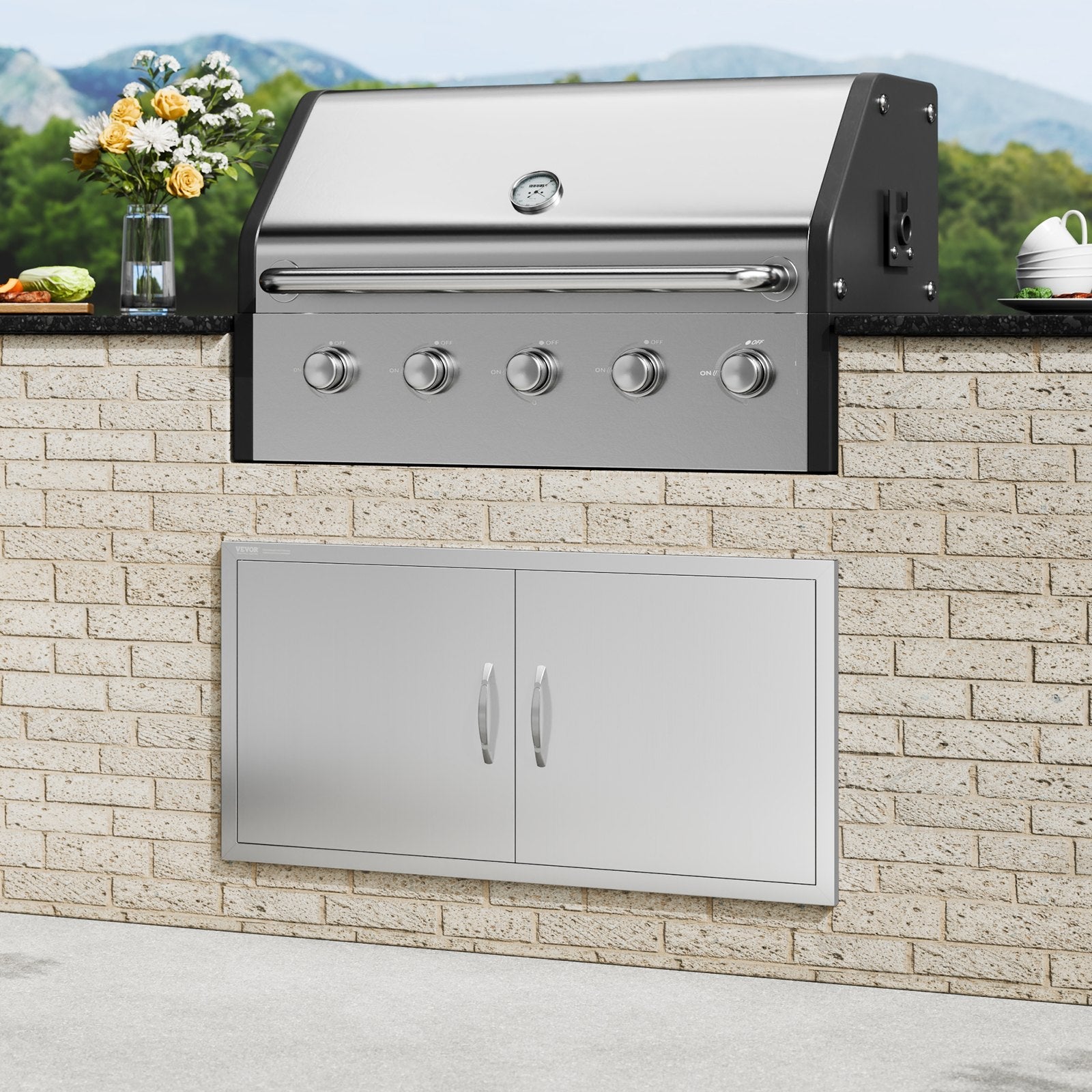 VEVOR BBQ Access Door, 42W x 21H Inch Double Outdoor Kitchen Door, Stainless Steel Flush Mount Door, Wall Vertical Door with Handles, for BBQ Island, Grilling Station, Outside Cabinet 