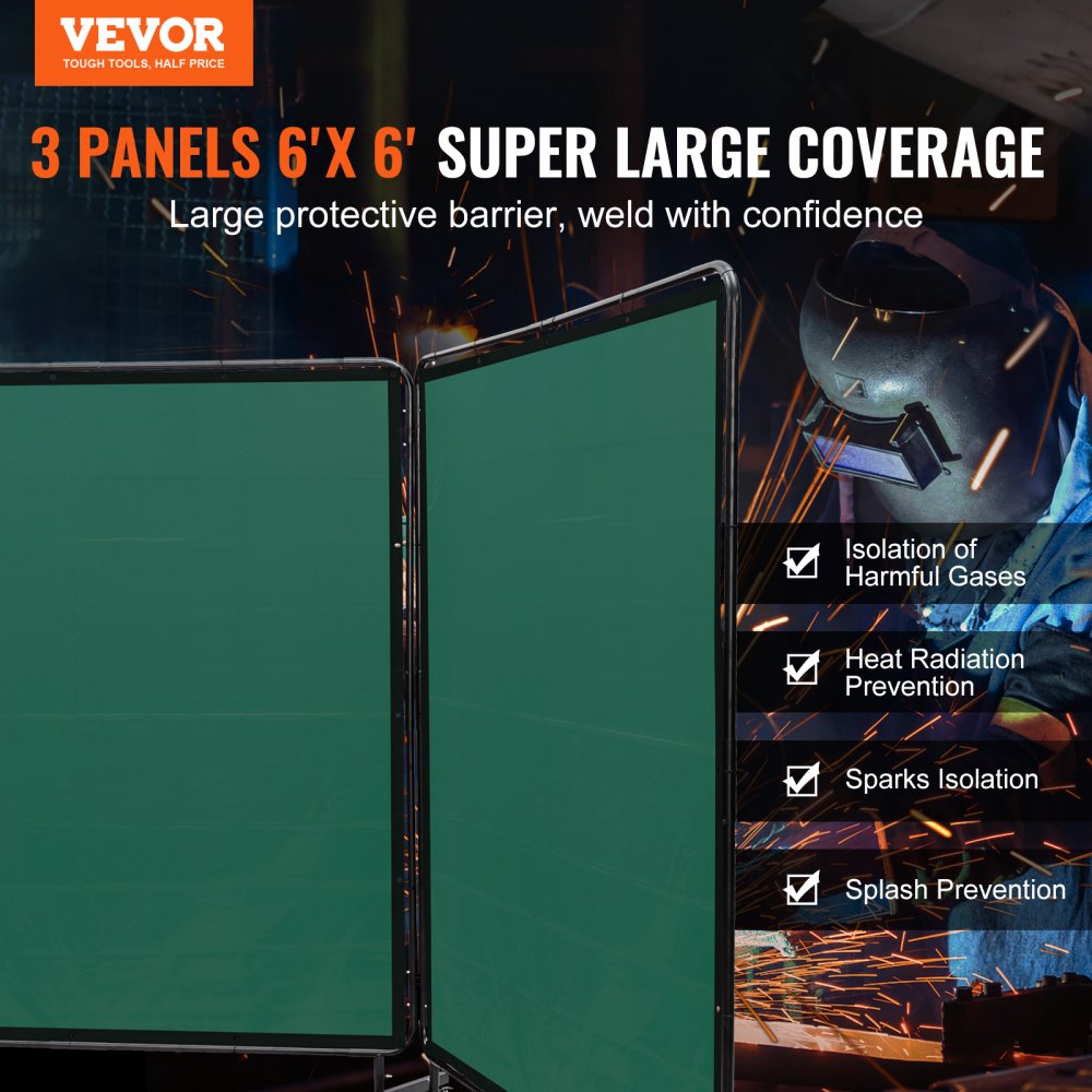 VEVOR Welding Screen with Frame, 6' x 6' 3 Panel Welding Curtain Screens, Flame-Resistant Vinyl Welding Protection Screen on 12 Swivel Wheels (6 Lockable), Moveable & Professional for Workshop, Green 