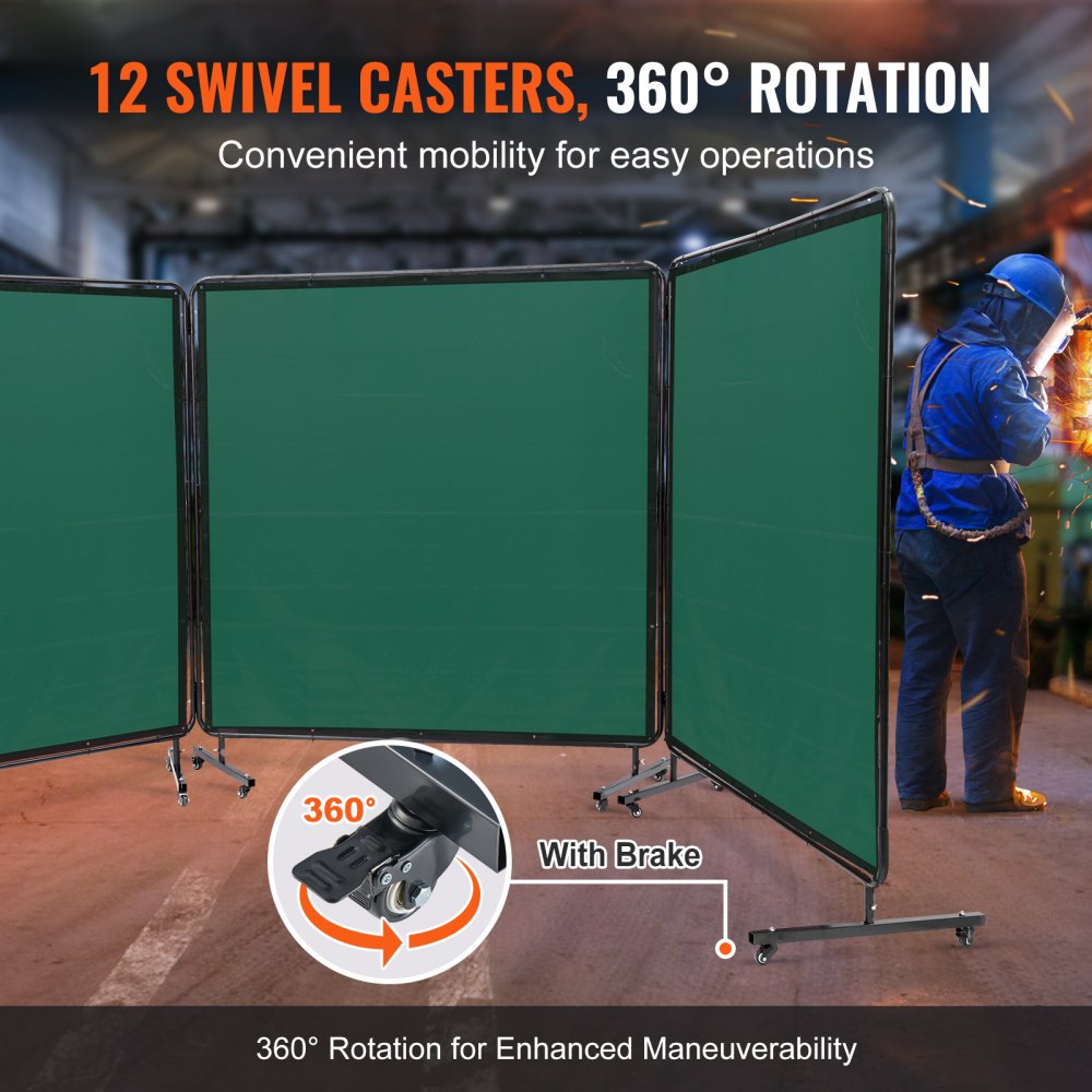 VEVOR Welding Screen with Frame, 6' x 6' 3 Panel Welding Curtain Screens, Flame-Resistant Vinyl Welding Protection Screen on 12 Swivel Wheels (6 Lockable), Moveable & Professional for Workshop, Green 
