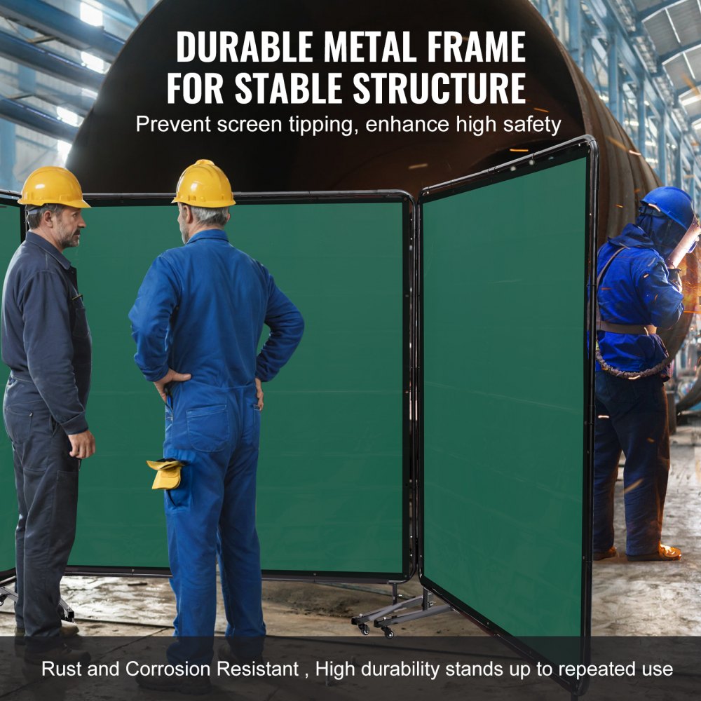 VEVOR Welding Screen with Frame, 6' x 6' 3 Panel Welding Curtain Screens, Flame-Resistant Vinyl Welding Protection Screen on 12 Swivel Wheels (6 Lockable), Moveable & Professional for Workshop, Green 