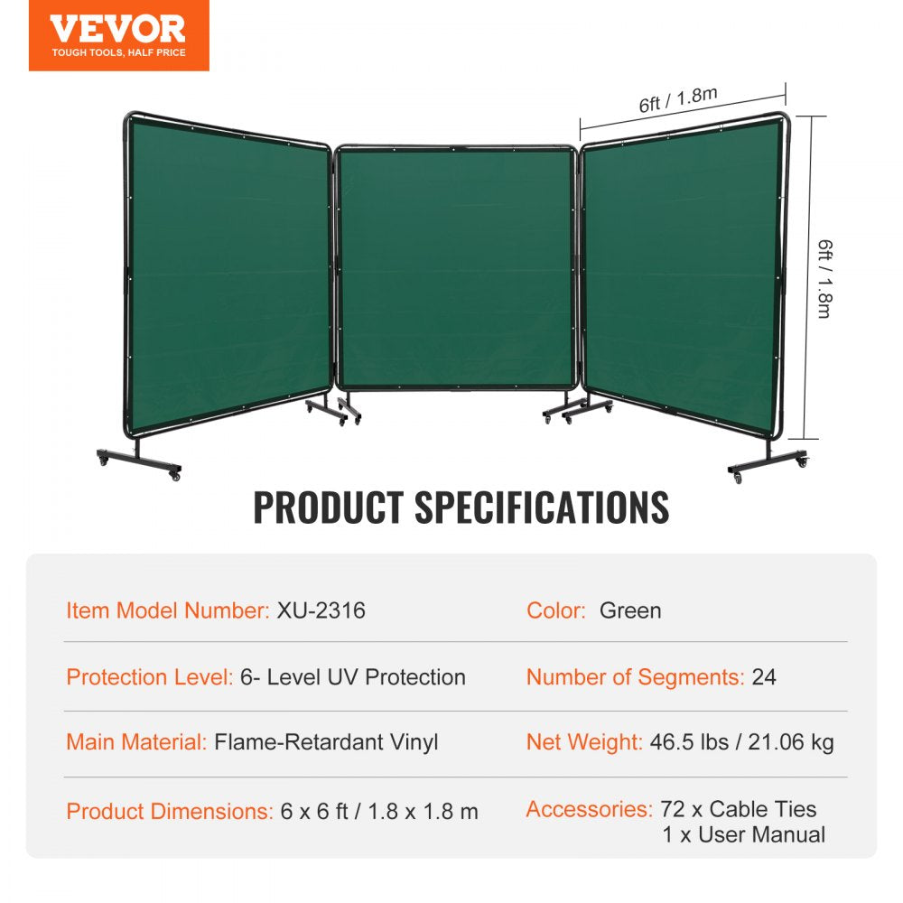 VEVOR Welding Screen with Frame, 6' x 6' 3 Panel Welding Curtain Screens, Flame-Resistant Vinyl Welding Protection Screen on 12 Swivel Wheels (6 Lockable), Moveable & Professional for Workshop, Green 
