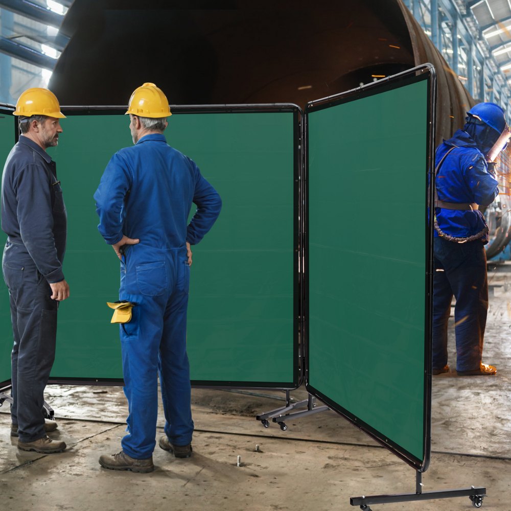 VEVOR Welding Screen with Frame, 6' x 6' 3 Panel Welding Curtain Screens, Flame-Resistant Vinyl Welding Protection Screen on 12 Swivel Wheels (6 Lockable), Moveable & Professional for Workshop, Green 