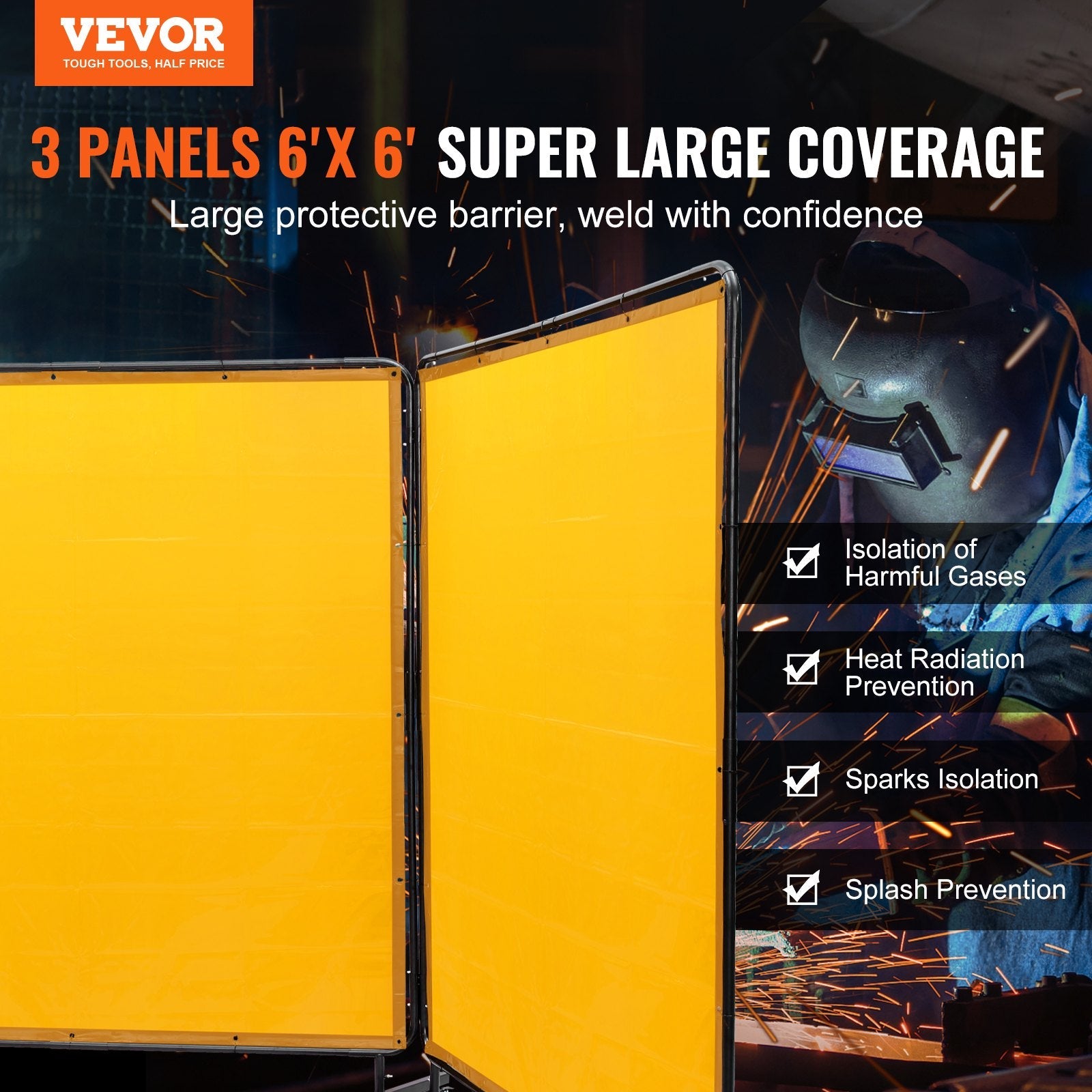 VEVOR Welding Screen with Frame, 6' x 6' 3 Panel Welding Curtain Screens, Flame-Resistant Vinyl Welding Protection Screen on 12 Swivel Wheels (6 Lockable), Moveable & Professional for Workshop, Yellow 