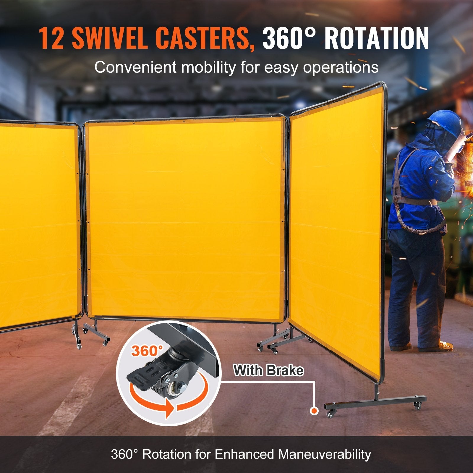 VEVOR Welding Screen with Frame, 6' x 6' 3 Panel Welding Curtain Screens, Flame-Resistant Vinyl Welding Protection Screen on 12 Swivel Wheels (6 Lockable), Moveable & Professional for Workshop, Yellow 