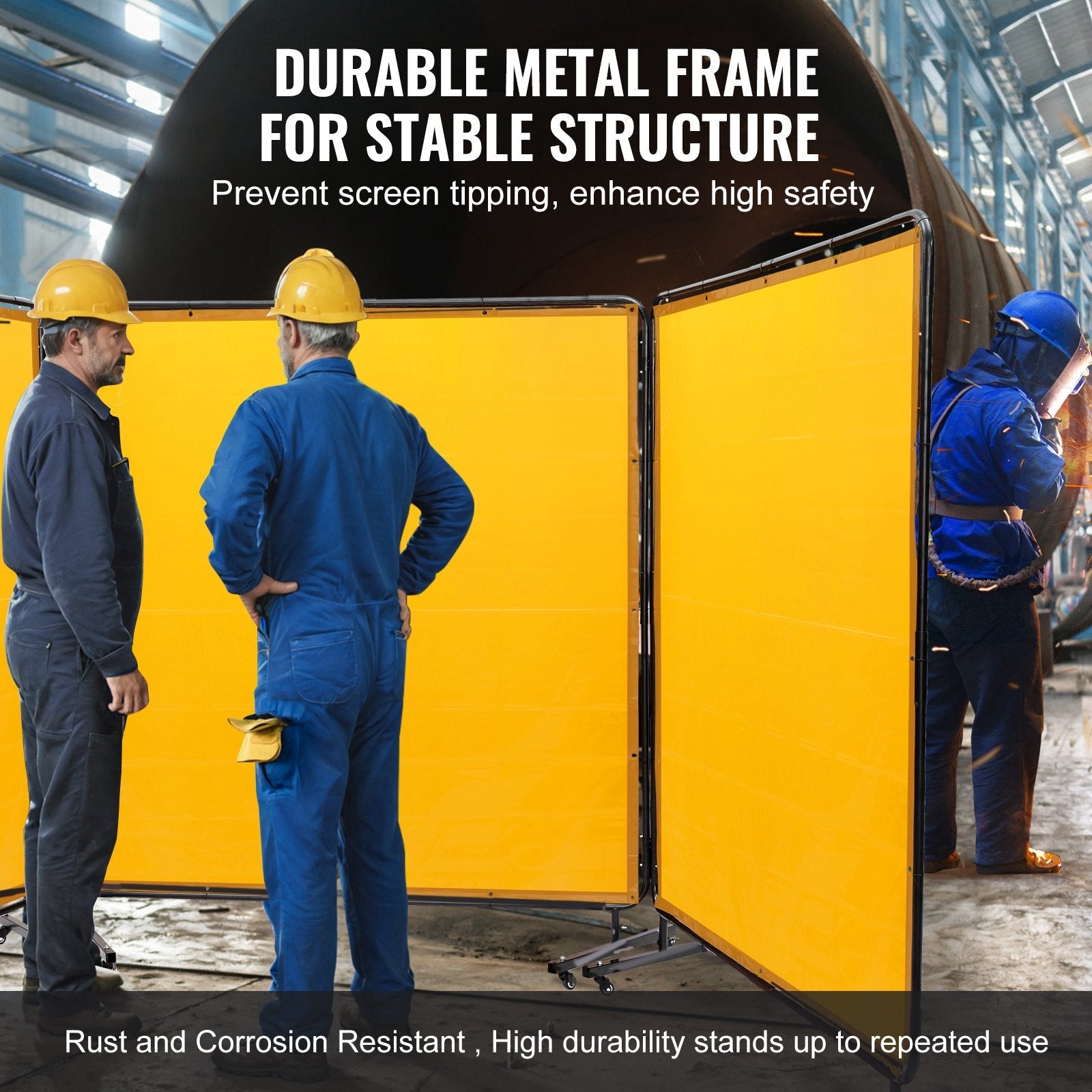 VEVOR Welding Screen with Frame, 6' x 6' 3 Panel Welding Curtain Screens, Flame-Resistant Vinyl Welding Protection Screen on 12 Swivel Wheels (6 Lockable), Moveable & Professional for Workshop, Yellow 
