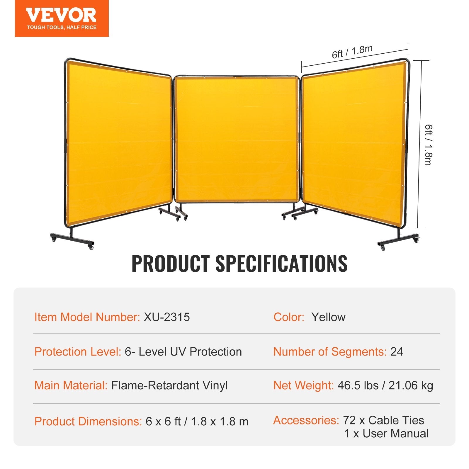 VEVOR Welding Screen with Frame, 6' x 6' 3 Panel Welding Curtain Screens, Flame-Resistant Vinyl Welding Protection Screen on 12 Swivel Wheels (6 Lockable), Moveable & Professional for Workshop, Yellow 