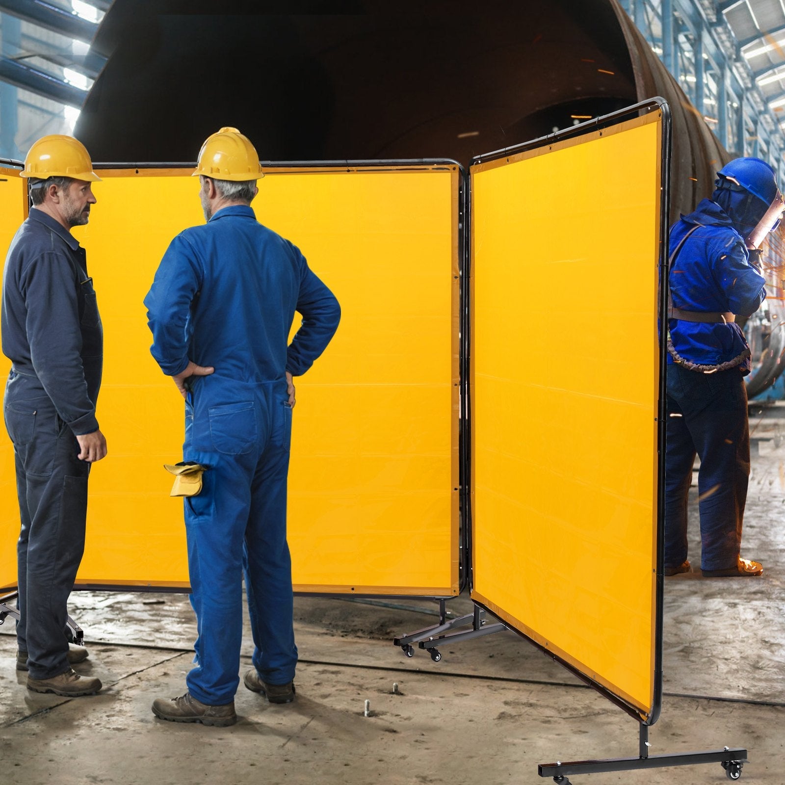 VEVOR Welding Screen with Frame, 6' x 6' 3 Panel Welding Curtain Screens, Flame-Resistant Vinyl Welding Protection Screen on 12 Swivel Wheels (6 Lockable), Moveable & Professional for Workshop, Yellow 