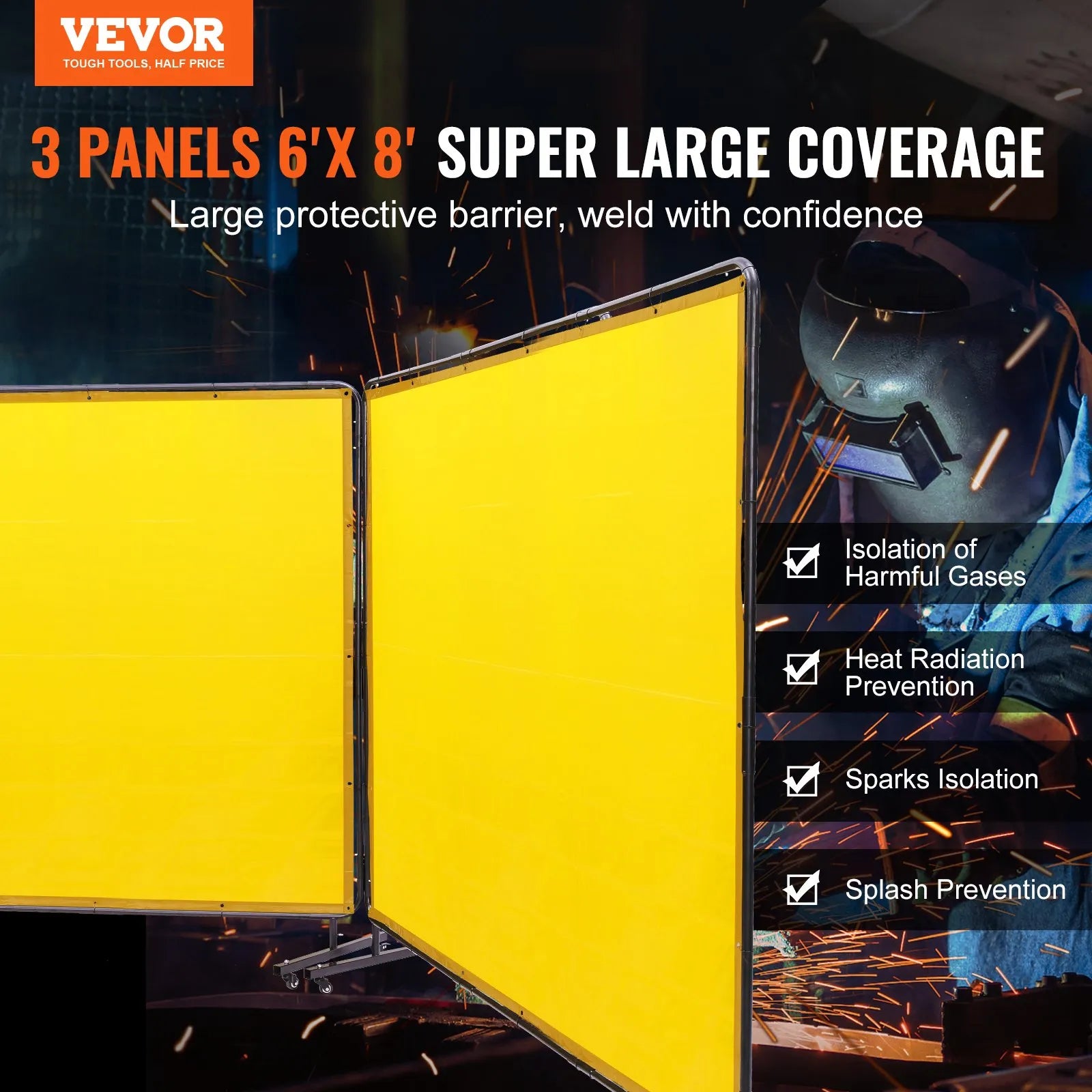 VEVOR Welding Screen with Frame, 6' x 8' 3 Panel Welding Curtain Screens, Flame-Resistant Vinyl Welding Protection Screen on 12 Swivel Wheels (6 Lockable), Moveable & Professional for Workshop, Yellow