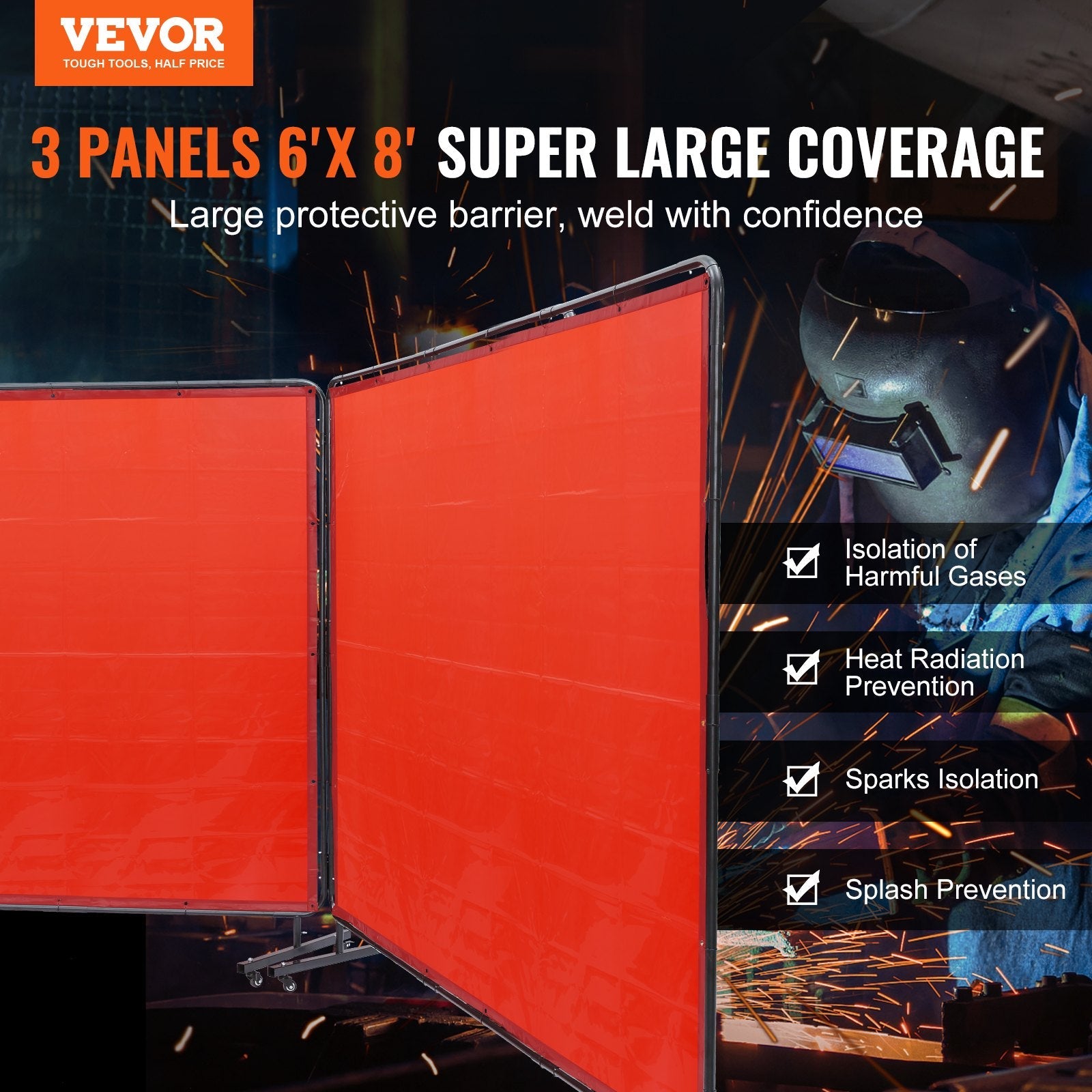 VEVOR Welding Screen with Frame, 6' x 8' 3 Panel Welding Curtain Screens, Flame-Resistant Vinyl Welding Protection Screen on 12 Swivel Wheels (6 Lockable), Moveable & Professional for Workshop, Red 
