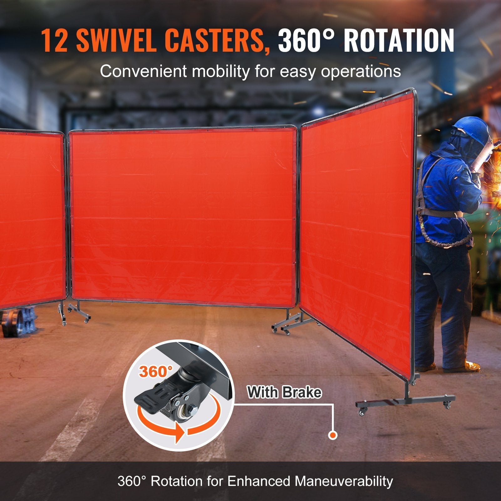 VEVOR Welding Screen with Frame, 6' x 8' 3 Panel Welding Curtain Screens, Flame-Resistant Vinyl Welding Protection Screen on 12 Swivel Wheels (6 Lockable), Moveable & Professional for Workshop, Red 