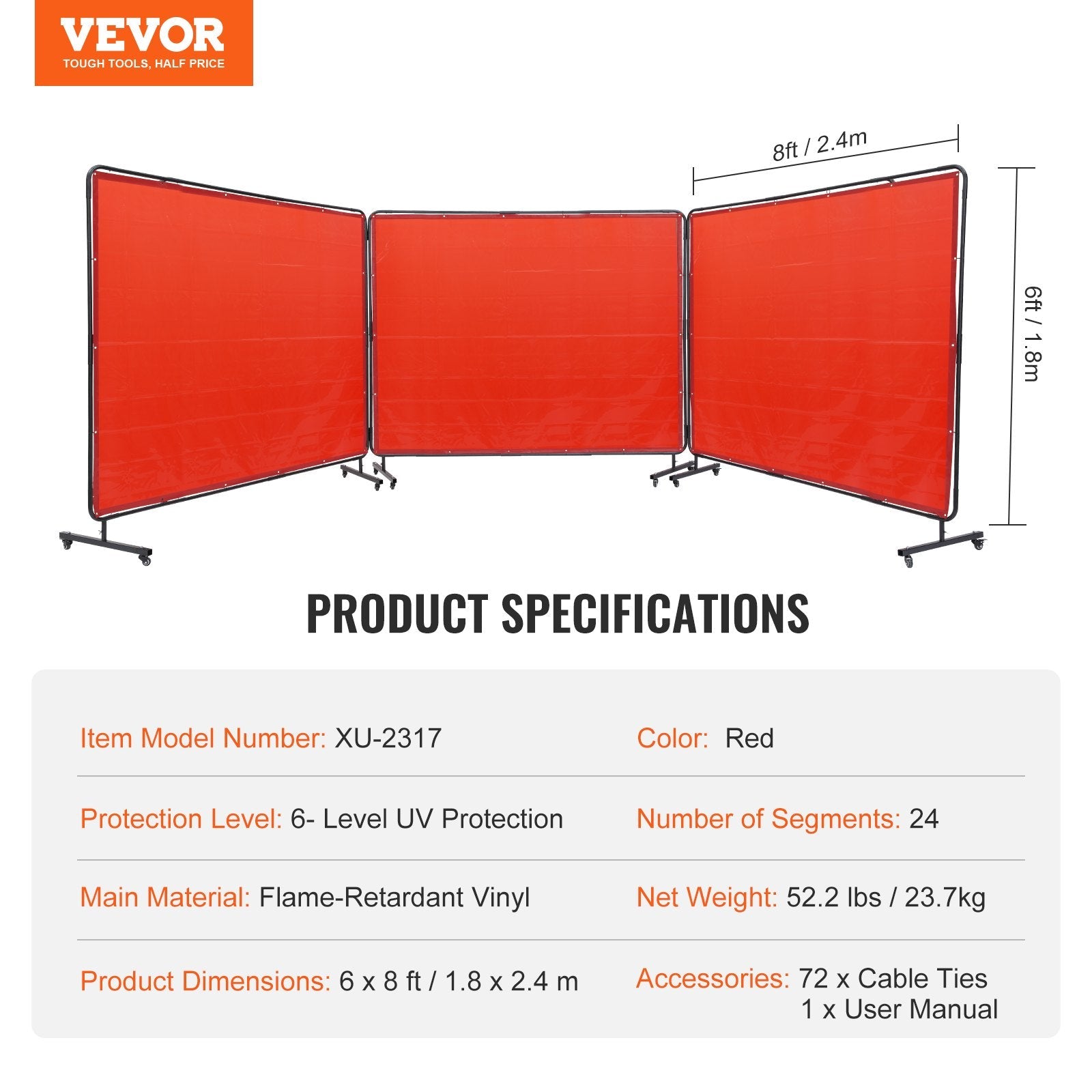 VEVOR Welding Screen with Frame, 6' x 8' 3 Panel Welding Curtain Screens, Flame-Resistant Vinyl Welding Protection Screen on 12 Swivel Wheels (6 Lockable), Moveable & Professional for Workshop, Red 