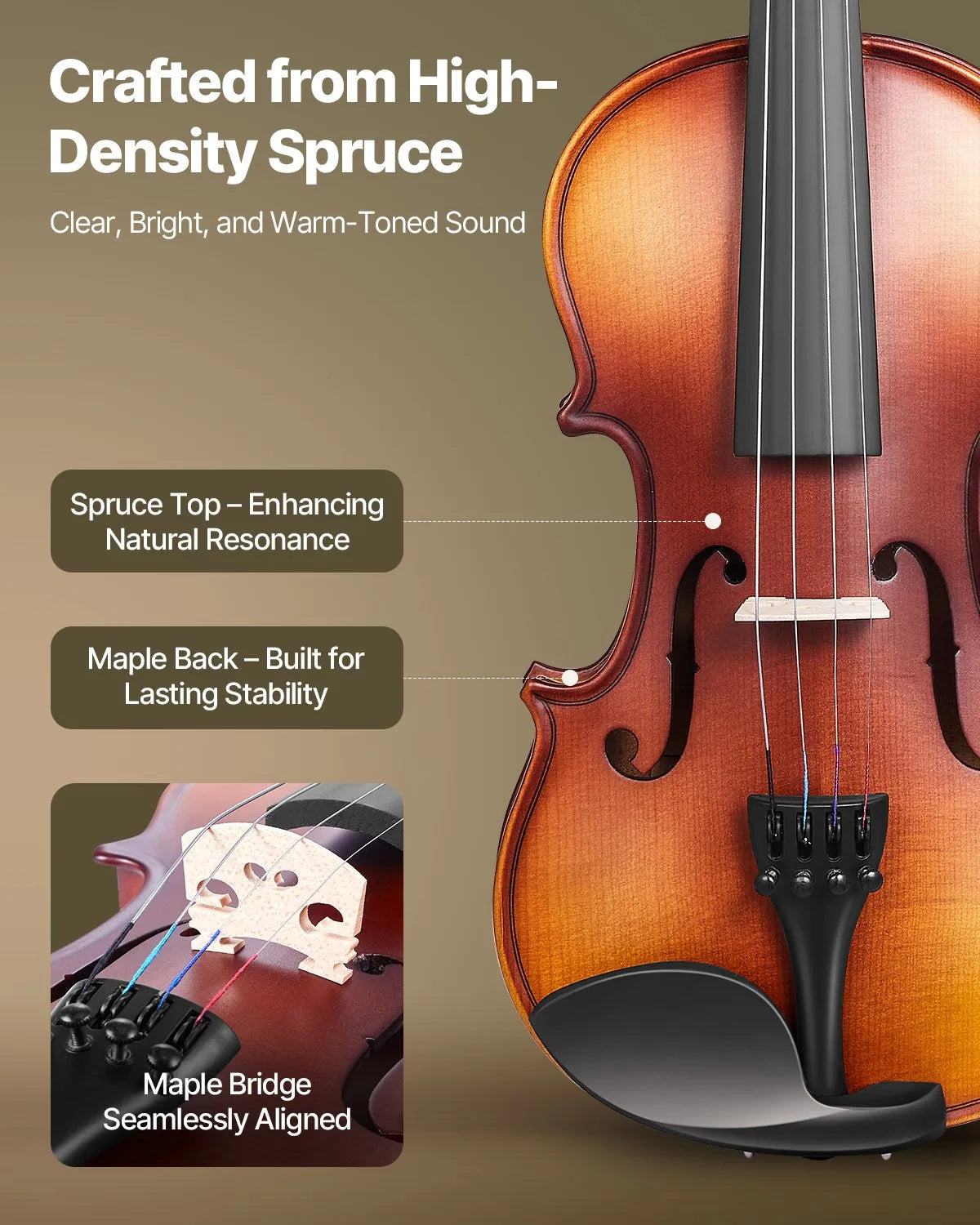 VEVOR Violin 3/4 Size Fiddle Set Solidwood for Beginners with Case Rosin Brown
