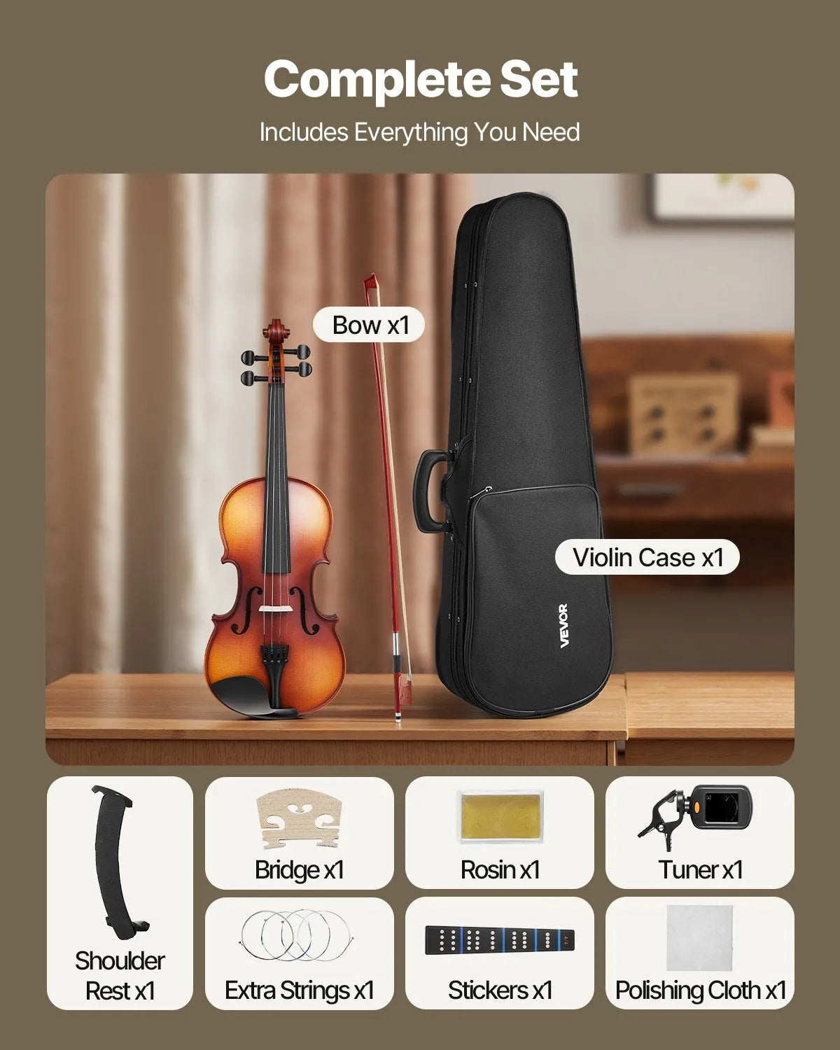VEVOR Violin 4/4 Full Size Fiddle Set Solidwood for Beginners Matte Brown