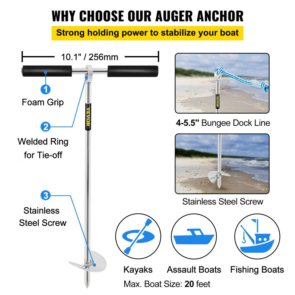 VEVOR Sand Anchor, 18" Length Auger to the Beach and Sandbar, 316 Stainless Steel Screw Anchor w/ Removable Handle, Bungee Line & Carry Bag, for Jet Ski PWC Pontoon Kayak 