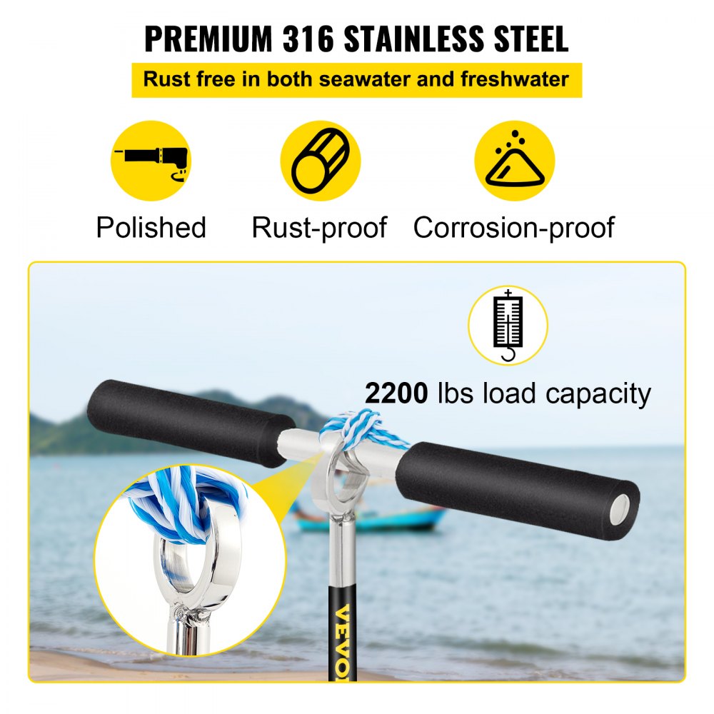 VEVOR Sand Anchor, 18" Length Auger to the Beach and Sandbar, 316 Stainless Steel Screw Anchor w/ Removable Handle, Bungee Line & Carry Bag, for Jet Ski PWC Pontoon Kayak 