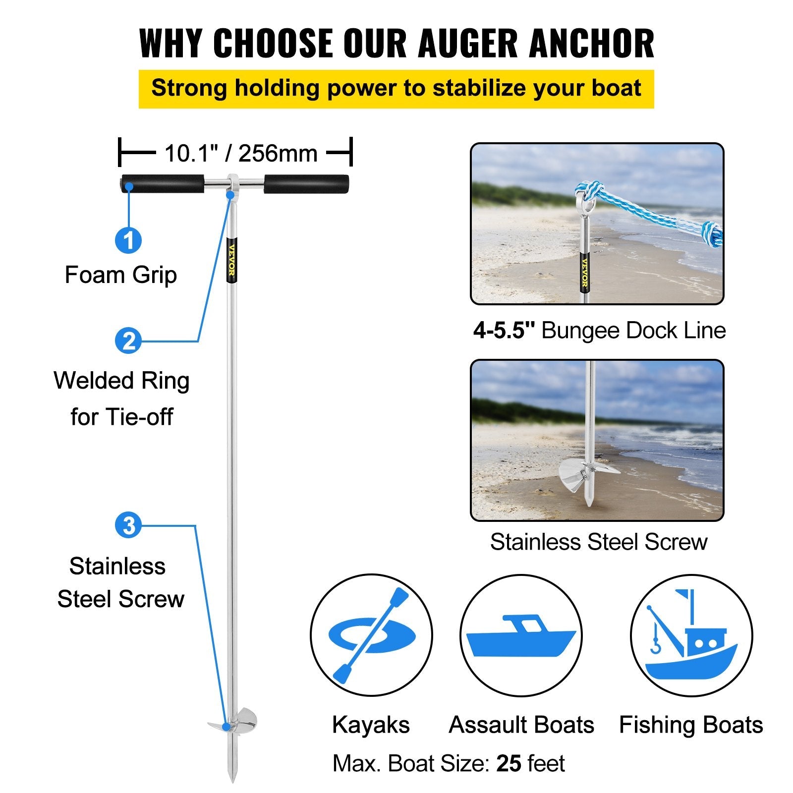 VEVOR Sand Anchor, 36" Length Auger to the Beach and Sandbar, 316 Stainless Steel Screw Anchor w/ Removable Handle, Bungee Line & Carry Bag, for Jet Ski PWC Pontoon Kayak 