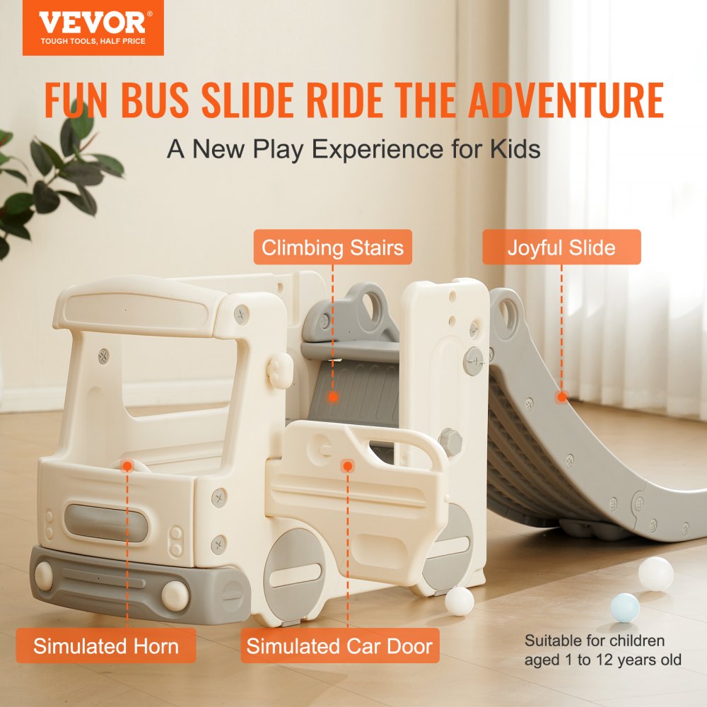 VEVOR Toddler Slide, Kid Slide for Toddlers Age 1-12 with Climbable Ladders & Bus Playhouse, Indoor Outdoor Slide Playset for Kids Within 110lbs, Toddler Playground w/ Raised Handrail, Anti-Slip Strip 