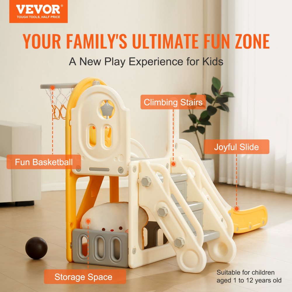VEVOR Toddler Slide, Kid Slide for Toddlers Age 1-12 w/ Climbable Ladders & Basketball Hoop & Storage Space, Indoor Outdoor Slide Playset for Kids Within 110lbs, Toddler Playground w/ Raised Handrail 