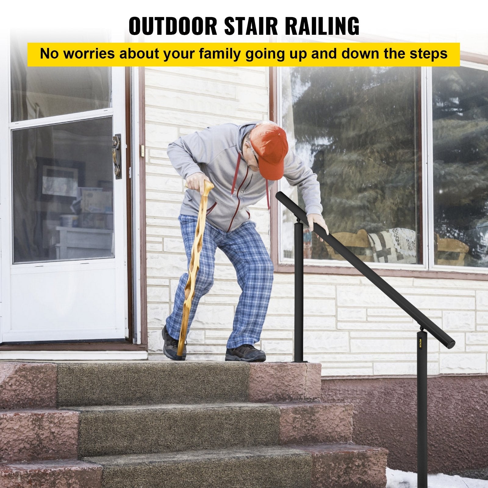 VEVOR Outdoor Stair Railing Kit, 5 FT Handrails 0-5 Steps, Adjustable Angle Black Aluminum Stair Hand Rail for The Elderly, Handrails for Indoor & Outdoor Steps 