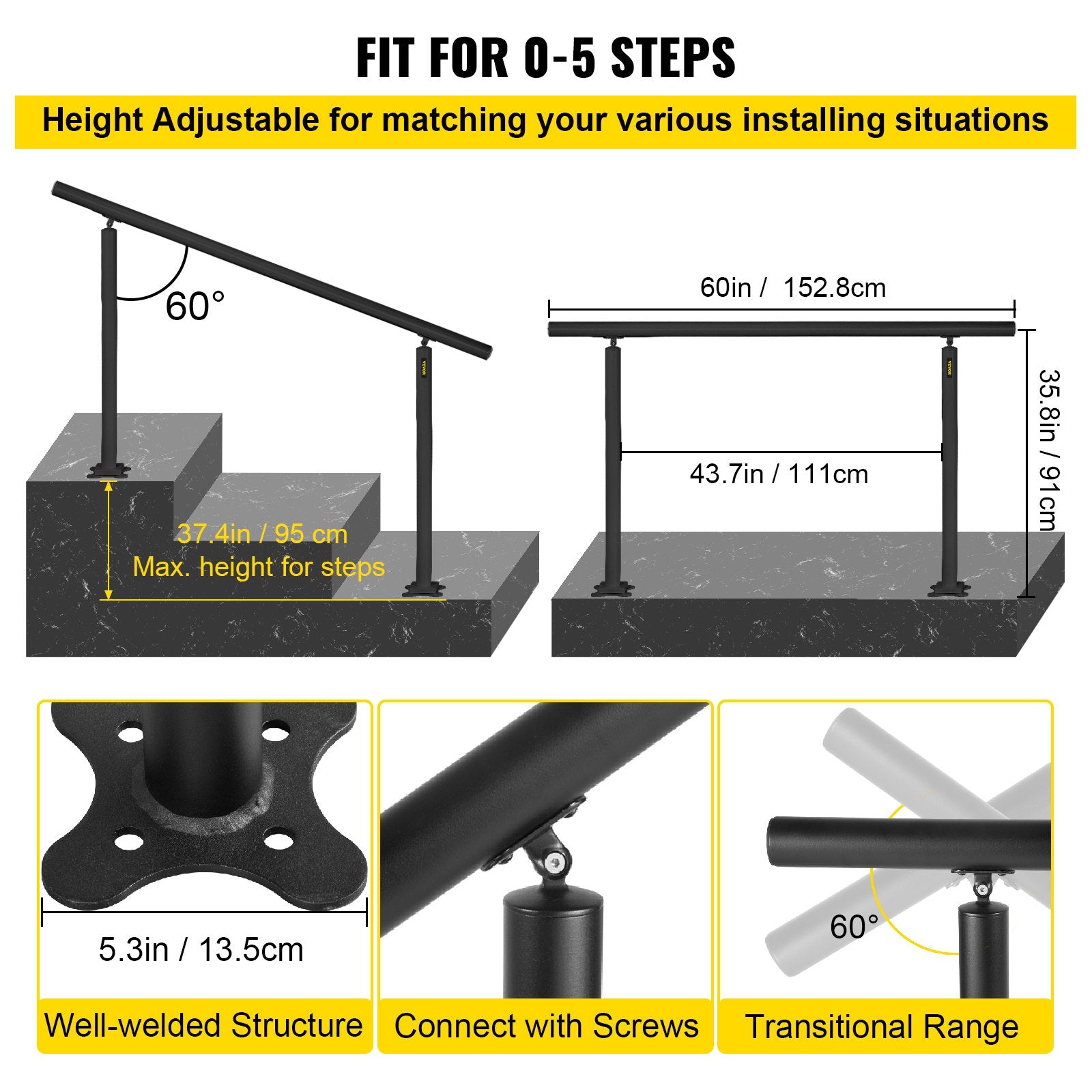 VEVOR Outdoor Stair Railing Kit, 5 FT Handrails 0-5 Steps, Adjustable Angle Black Aluminum Stair Hand Rail for The Elderly, Handrails for Indoor & Outdoor Steps 