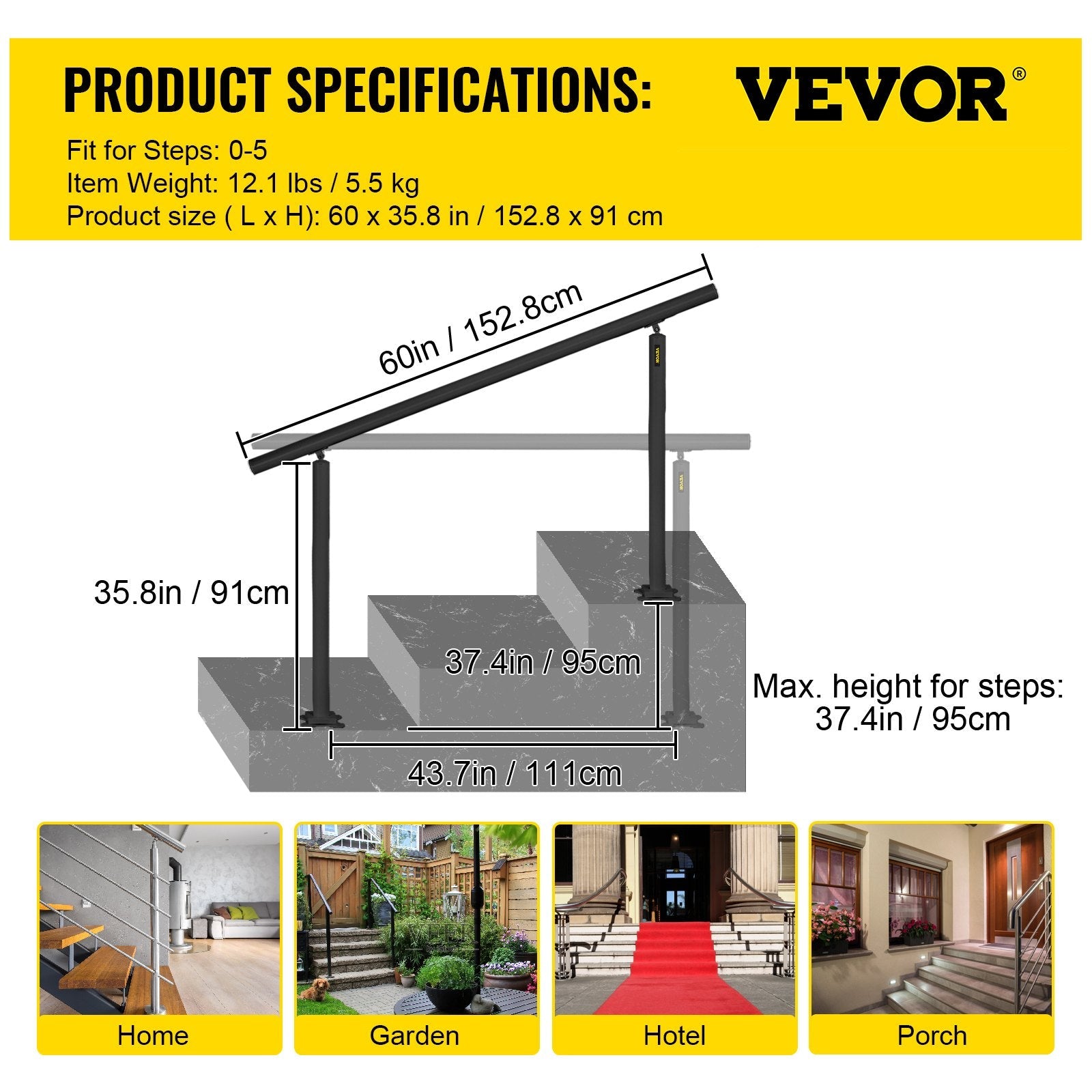 VEVOR Outdoor Stair Railing Kit, 5 FT Handrails 0-5 Steps, Adjustable Angle Black Aluminum Stair Hand Rail for The Elderly, Handrails for Indoor & Outdoor Steps 