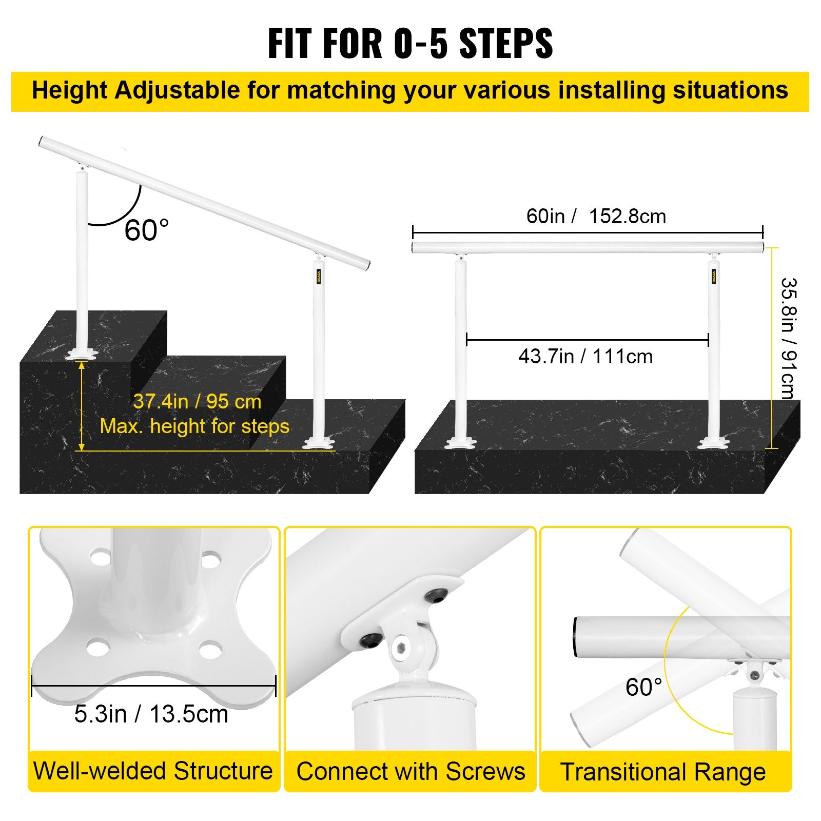 VEVOR Outdoor Stair Railing Kit, 5 FT Handrails 0-5 Steps, Adjustable Angle White Aluminum Stair Hand Rail for The Elderly, Handrails for Outdoor Steps 