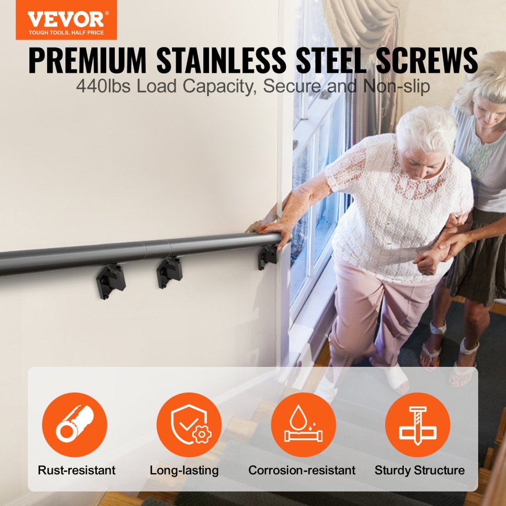 VEVOR Handrail Stair Railing, 12 ft, Wall Mount Handrails for Indoor Stairs, Thickened Aluminum Alloy Hand Rail with Installation Kit, 440 LBS Load Capacity Stairway Railing for Outdoor Stairs 