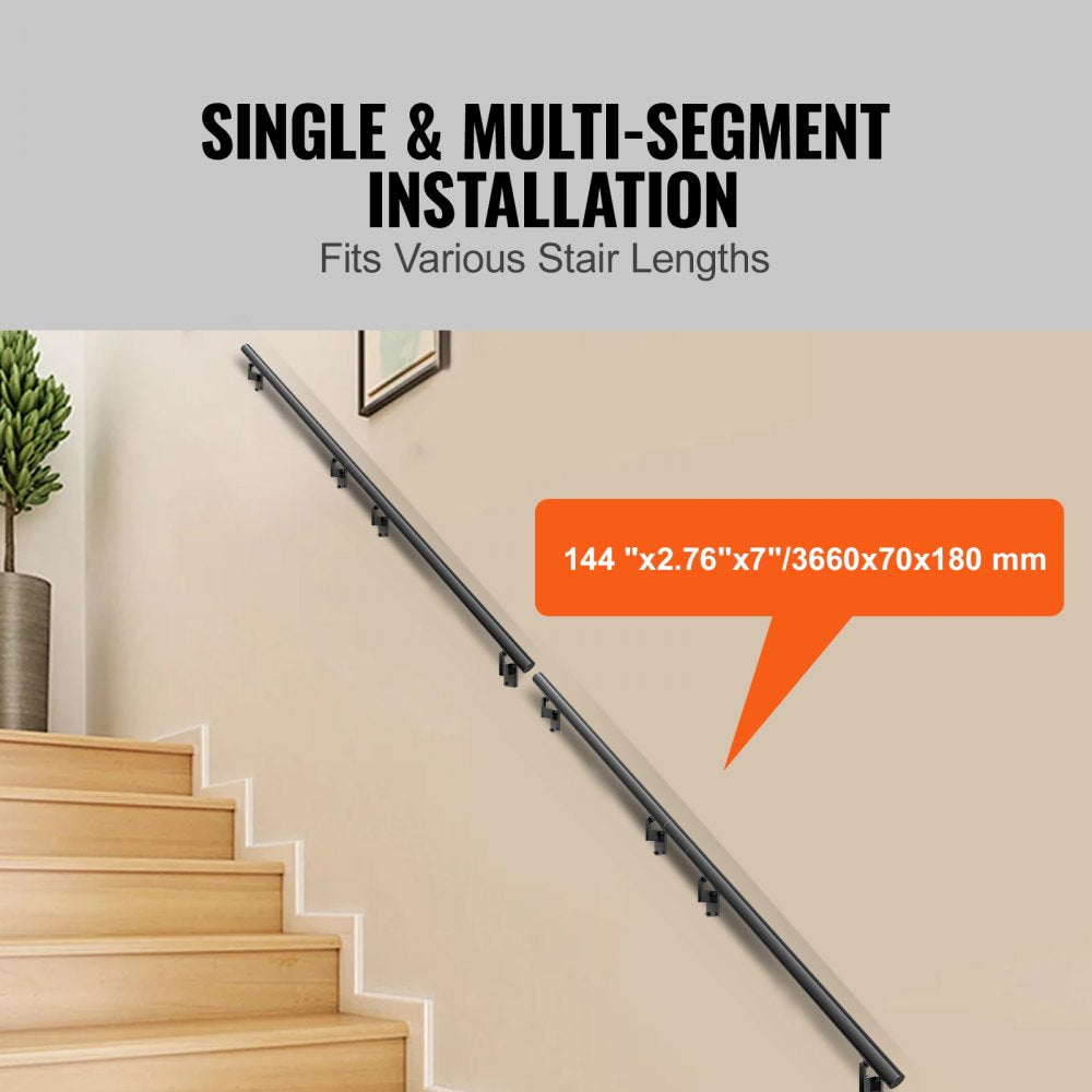 VEVOR Handrail Stair Railing, 12 ft, Wall Mount Handrails for Indoor Stairs, Thickened Aluminum Alloy Hand Rail with Installation Kit, 440 LBS Load Capacity Stairway Railing for Outdoor Stairs 