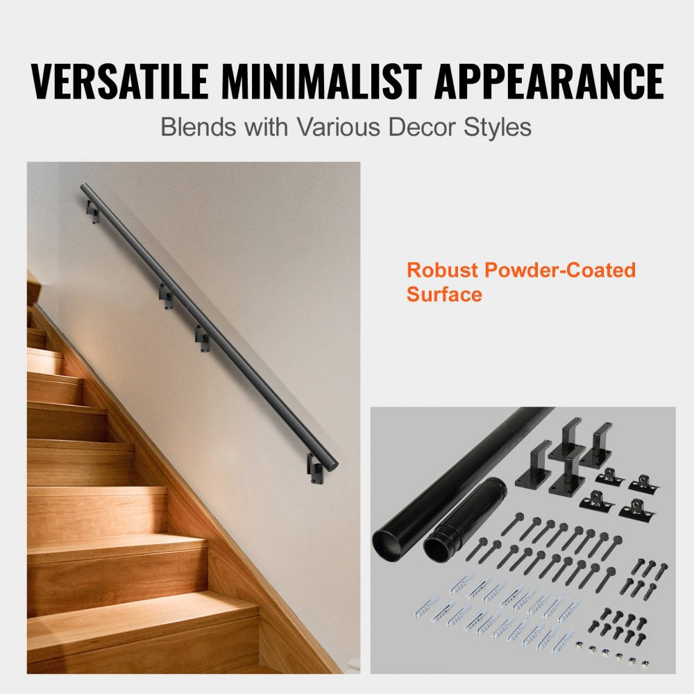 VEVOR Handrail Stair Railing, 12 ft, Wall Mount Handrails for Indoor Stairs, Thickened Aluminum Alloy Hand Rail with Installation Kit, 440 LBS Load Capacity Stairway Railing for Outdoor Stairs 