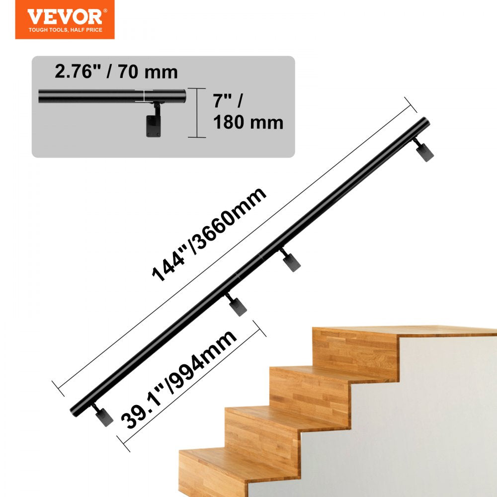 VEVOR Handrail Stair Railing, 12 ft, Wall Mount Handrails for Indoor Stairs, Thickened Aluminum Alloy Hand Rail with Installation Kit, 440 LBS Load Capacity Stairway Railing for Outdoor Stairs 
