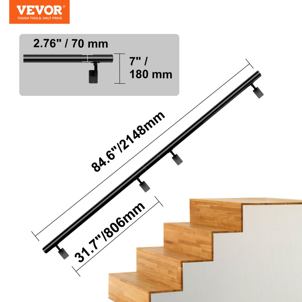 VEVOR Handrail Stair Railing, 7 ft, Wall Mount Handrails for Indoor Stairs, Thickened Aluminum Alloy Hand Rail with Installation Kit, 440 LBS Load Capacity Stairway Railing for Outdoor Stairs 