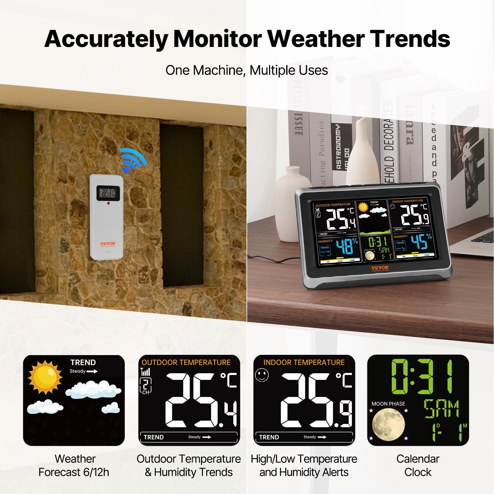 VEVOR Weather Station Indoor Outdoor, 7.5 in Large Color Display, Wireless Digital Home Weather Station, with Sensor Atomic Clock Adjustable Backlight Forecast Data Calendar Alarm Alert Temperature 