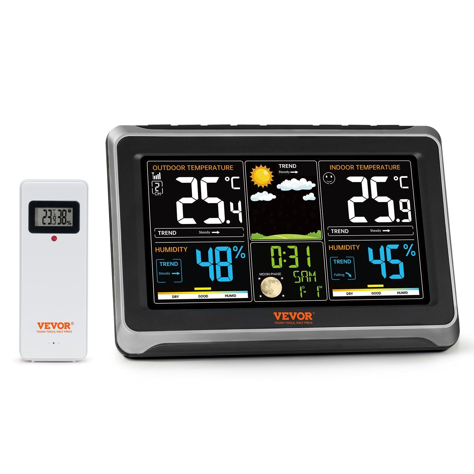 VEVOR Weather Station Indoor Outdoor, 7.5 in Large Color Display, Wireless Digital Home Weather Station, with Sensor Atomic Clock Adjustable Backlight Forecast Data Calendar Alarm Alert Temperature 