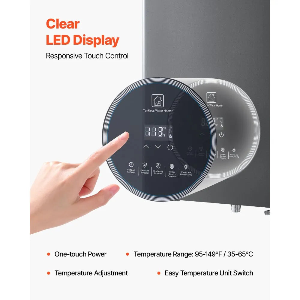 VEVOR Propane Tankless Water Heater 4.3Gal 100000 BTU Smart Temp Control LED