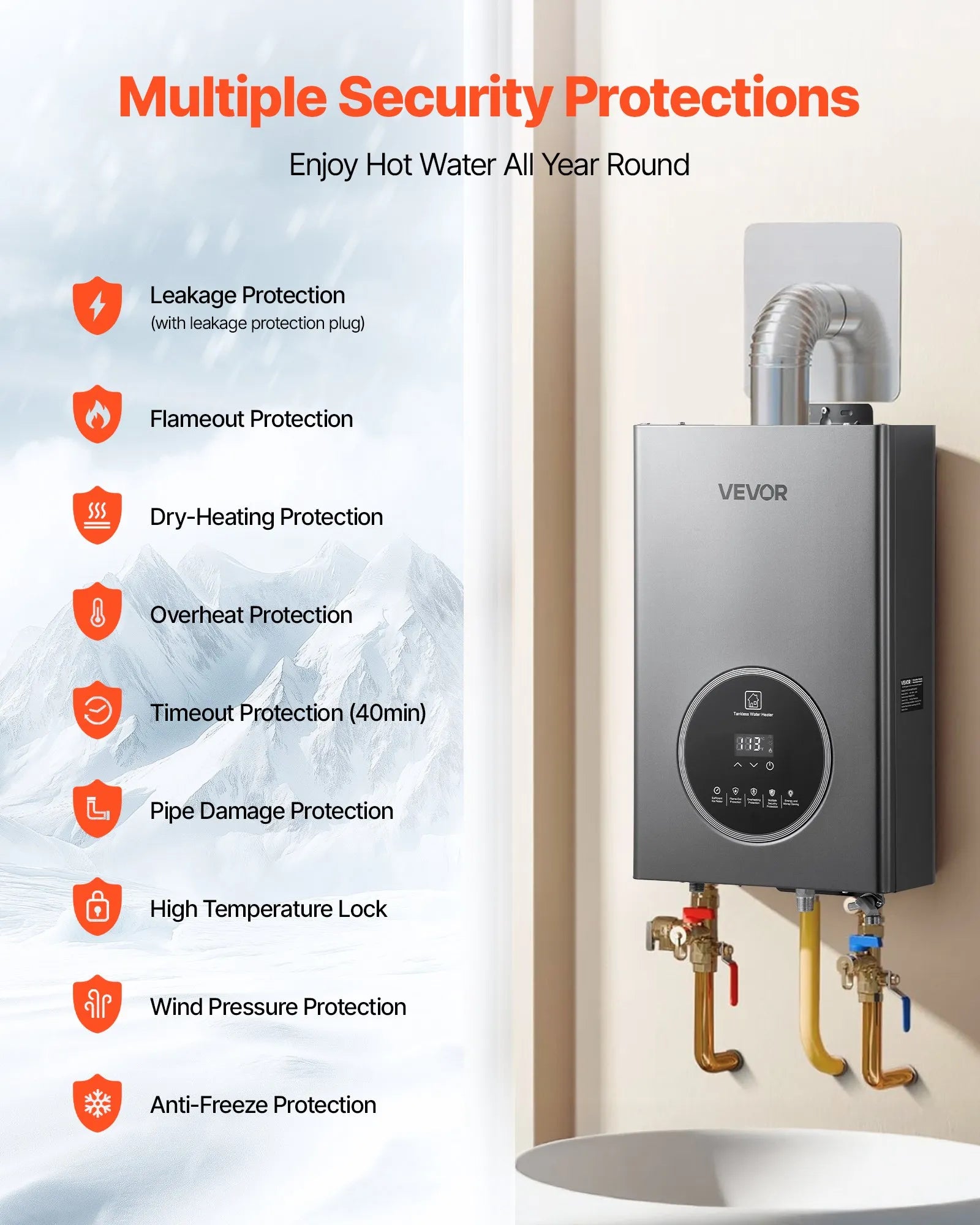 VEVOR Gas Tankless Water Heater 4.3Gal 100000 BTU Smart Temp Control LED