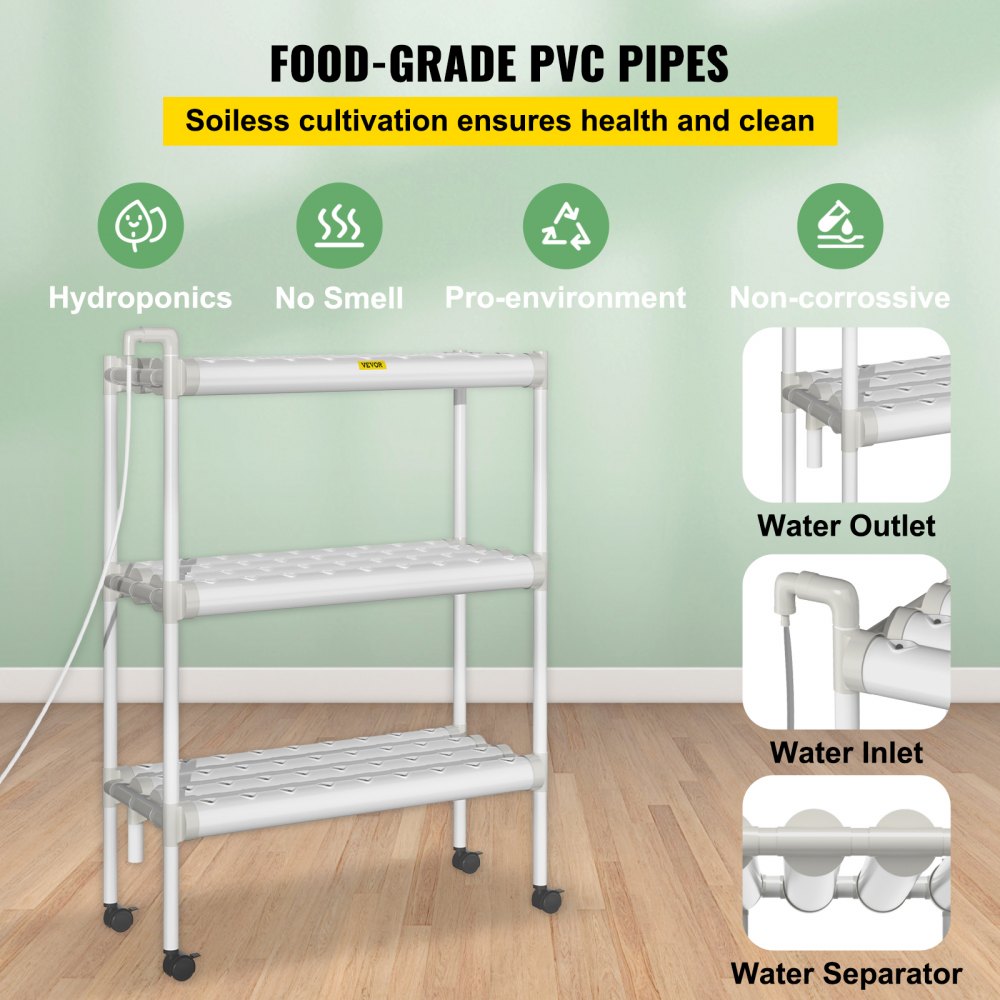 VEVOR Hydroponics Growing System, 108 Sites 3 Layers, 12 Food-Grade PVC-U Pipes, Vertical Indoor Plant Grow Kit with Water Pump, Timer, Nest Basket, Sponge for Fruits, Vegetables, Herb, White 
