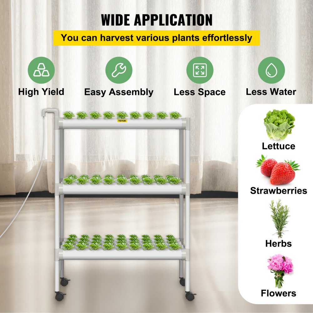 VEVOR Hydroponics Growing System, 108 Sites 3 Layers, 12 Food-Grade PVC-U Pipes, Vertical Indoor Plant Grow Kit with Water Pump, Timer, Nest Basket, Sponge for Fruits, Vegetables, Herb, White 