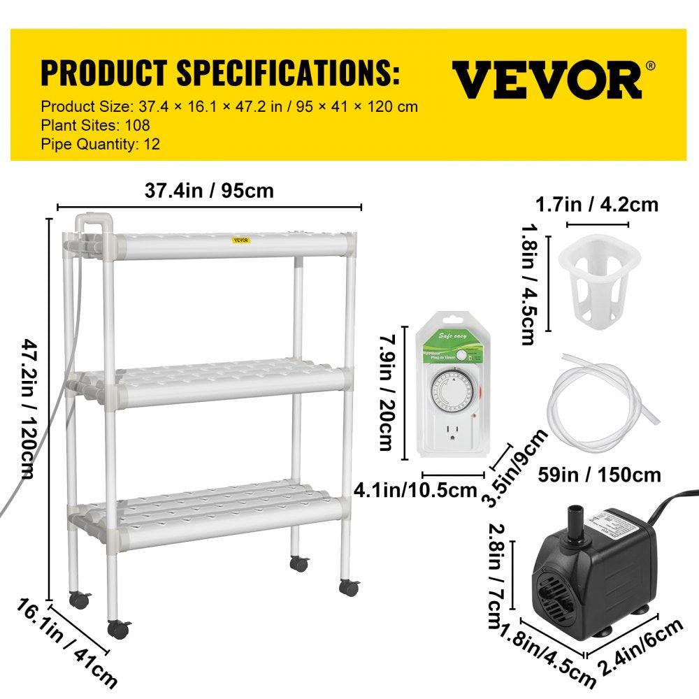 VEVOR Hydroponics Growing System, 108 Sites 3 Layers, 12 Food-Grade PVC-U Pipes, Vertical Indoor Plant Grow Kit with Water Pump, Timer, Nest Basket, Sponge for Fruits, Vegetables, Herb, White 