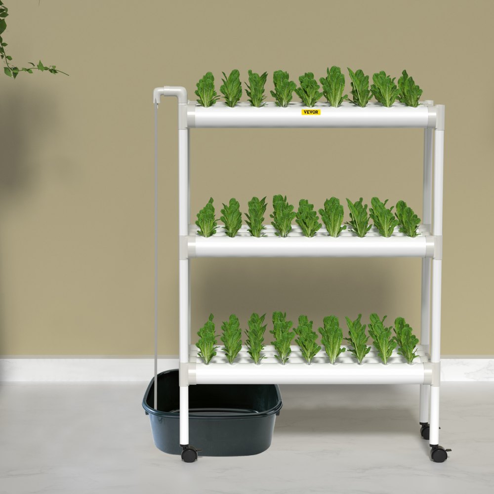 VEVOR Hydroponics Growing System, 108 Sites 3 Layers, 12 Food-Grade PVC-U Pipes, Vertical Indoor Plant Grow Kit with Water Pump, Timer, Nest Basket, Sponge for Fruits, Vegetables, Herb, White 