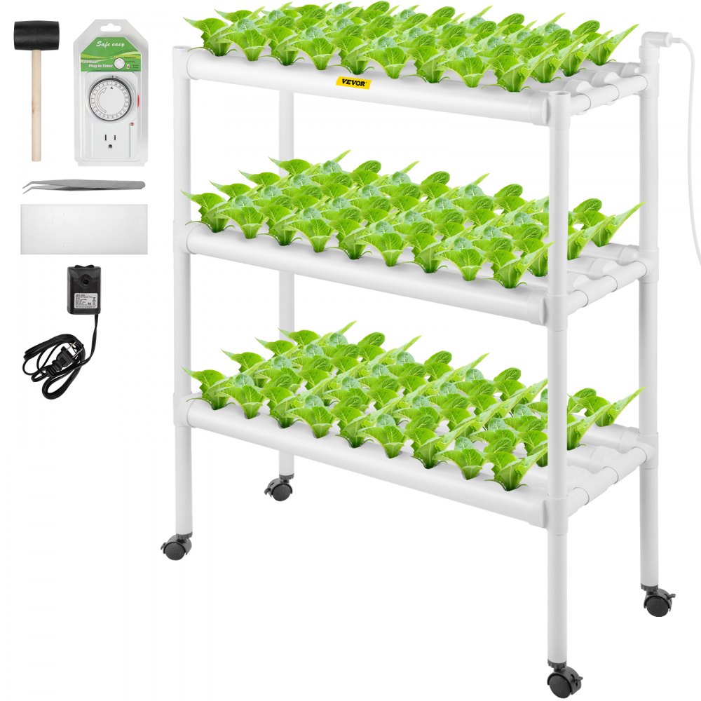 VEVOR Hydroponics Growing System, 108 Sites 3 Layers, 12 Food-Grade PVC-U Pipes, Vertical Indoor Plant Grow Kit with Water Pump, Timer, Nest Basket, Sponge for Fruits, Vegetables, Herb, White 