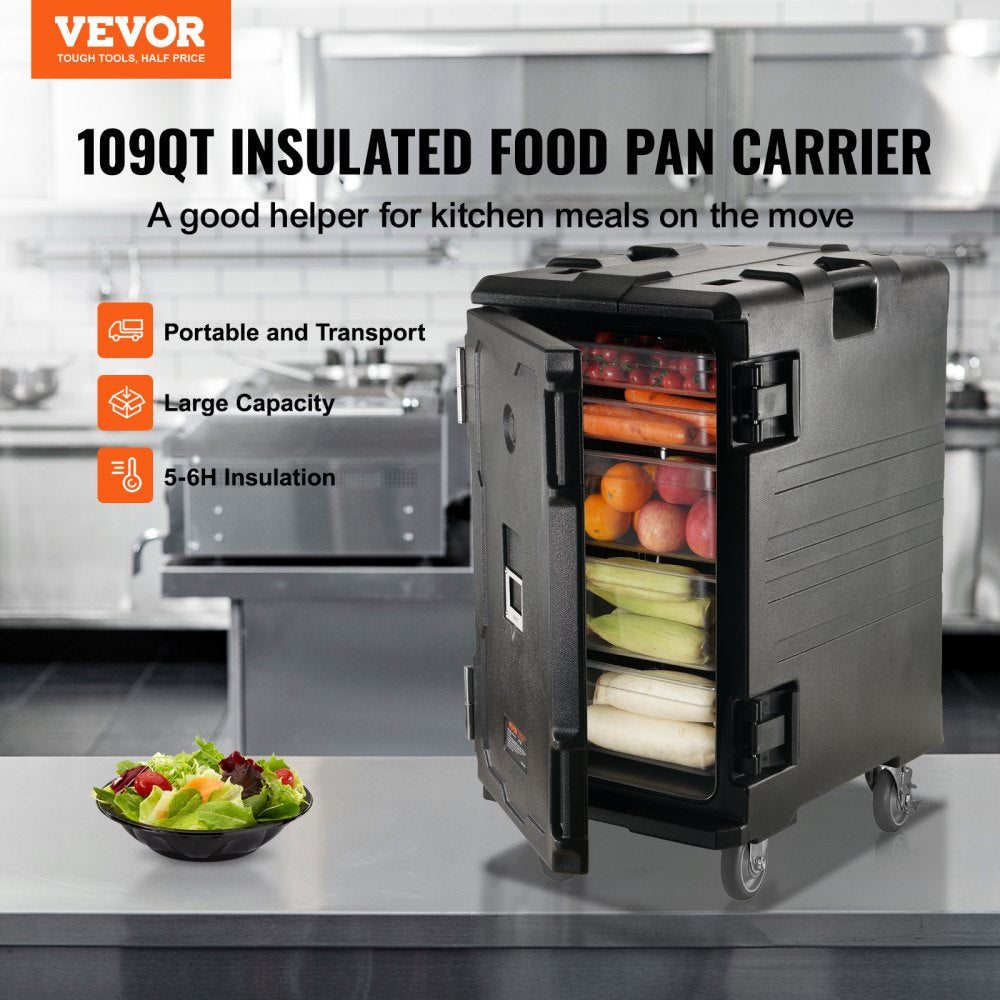VEVOR Insulated Food Pan Carrier, 109 Qt Hot Box for Catering, LLDPE Food Box Carrier with Double Buckles, Front Loading Food Warmer with Handles, End Loader with Wheels for Restaurant, Canteen, etc. 