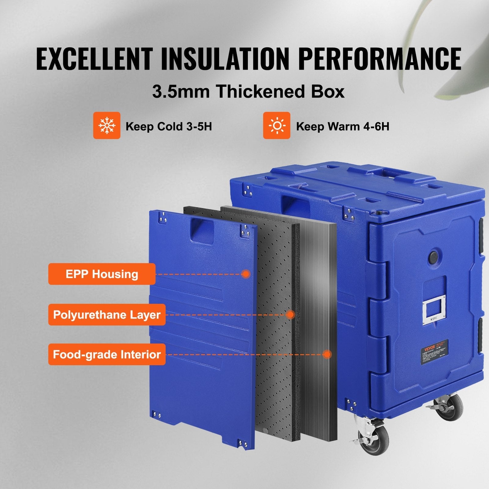 VEVOR Insulated Food Pan Carrier Front Load Catering Box w/ Wheels 82 Qt Blue 