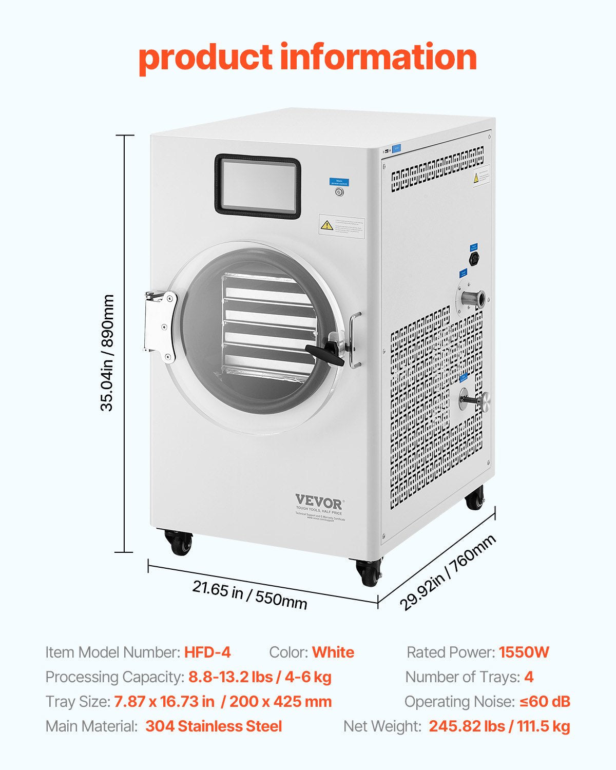 VEVOR Vacuum Freeze Dryer 4-Layer Fruit Vegetable Freeze Drying Machine White 