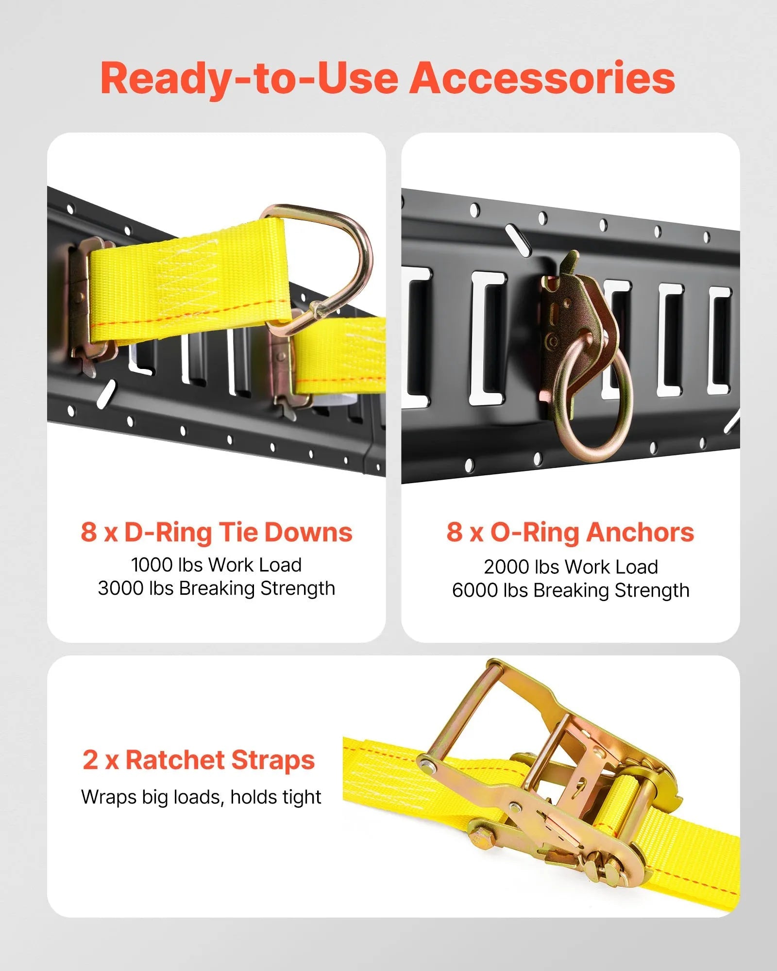 VEVOR E-Track Tie-Down Rail Kit, 8 Pack (5ft+4ft+2ft+1ft) E Track Rails, 36 Pcs Includes 2 Ratchet Straps & 8 O-Rings & 8 Tie-Offs with D-Ring & 2 Single Slots & 16 End Caps, Fit for Vans Trailers 