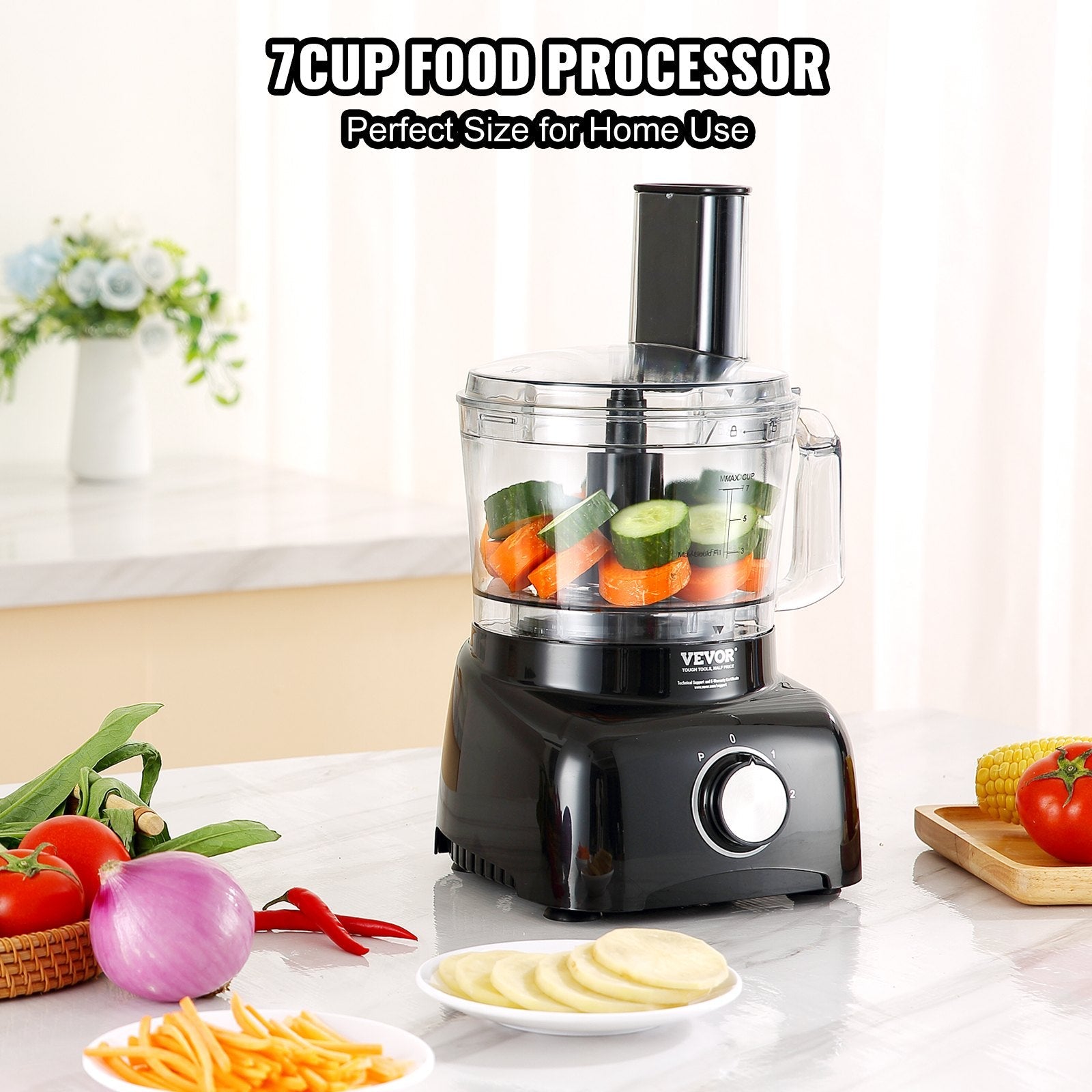 VEVOR Food Processor, 7-Cup Vegetable Chopper for Chopping, Mixing, Slicing, and Kneading Dough, 350 Watts Stainless Steel Blade Professional Electric Food Chopper, Easy Assembly & Clean, Black 
