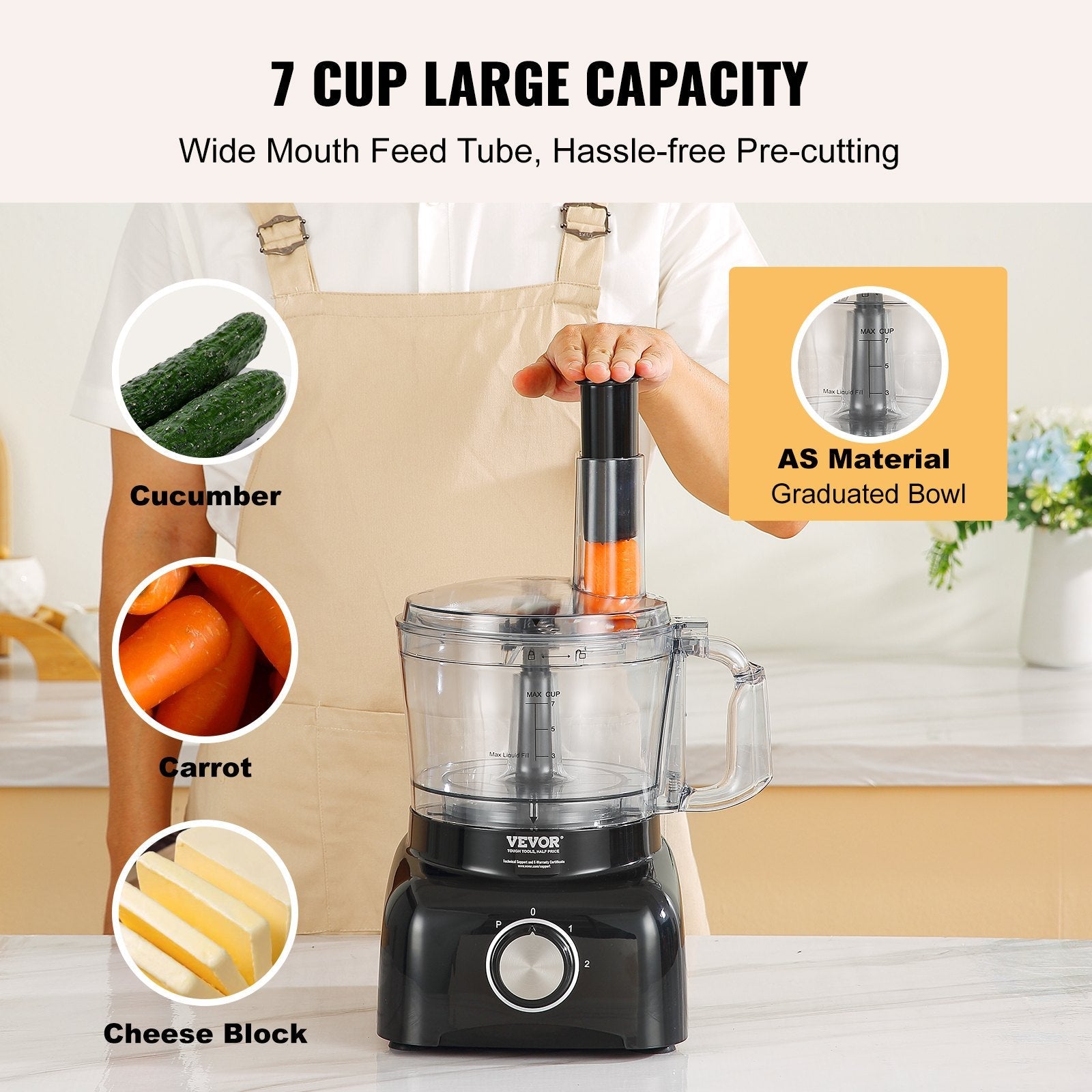 VEVOR Food Processor, 7-Cup Vegetable Chopper for Chopping, Mixing, Slicing, and Kneading Dough, 350 Watts Stainless Steel Blade Professional Electric Food Chopper, Easy Assembly & Clean, Black 