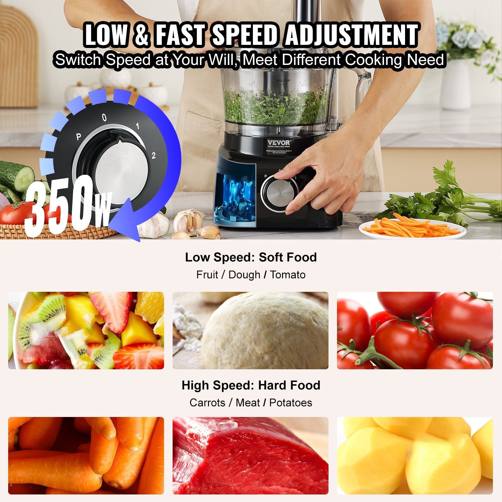 VEVOR Food Processor, 7-Cup Vegetable Chopper for Chopping, Mixing, Slicing, and Kneading Dough, 350 Watts Stainless Steel Blade Professional Electric Food Chopper, Easy Assembly & Clean, Black 